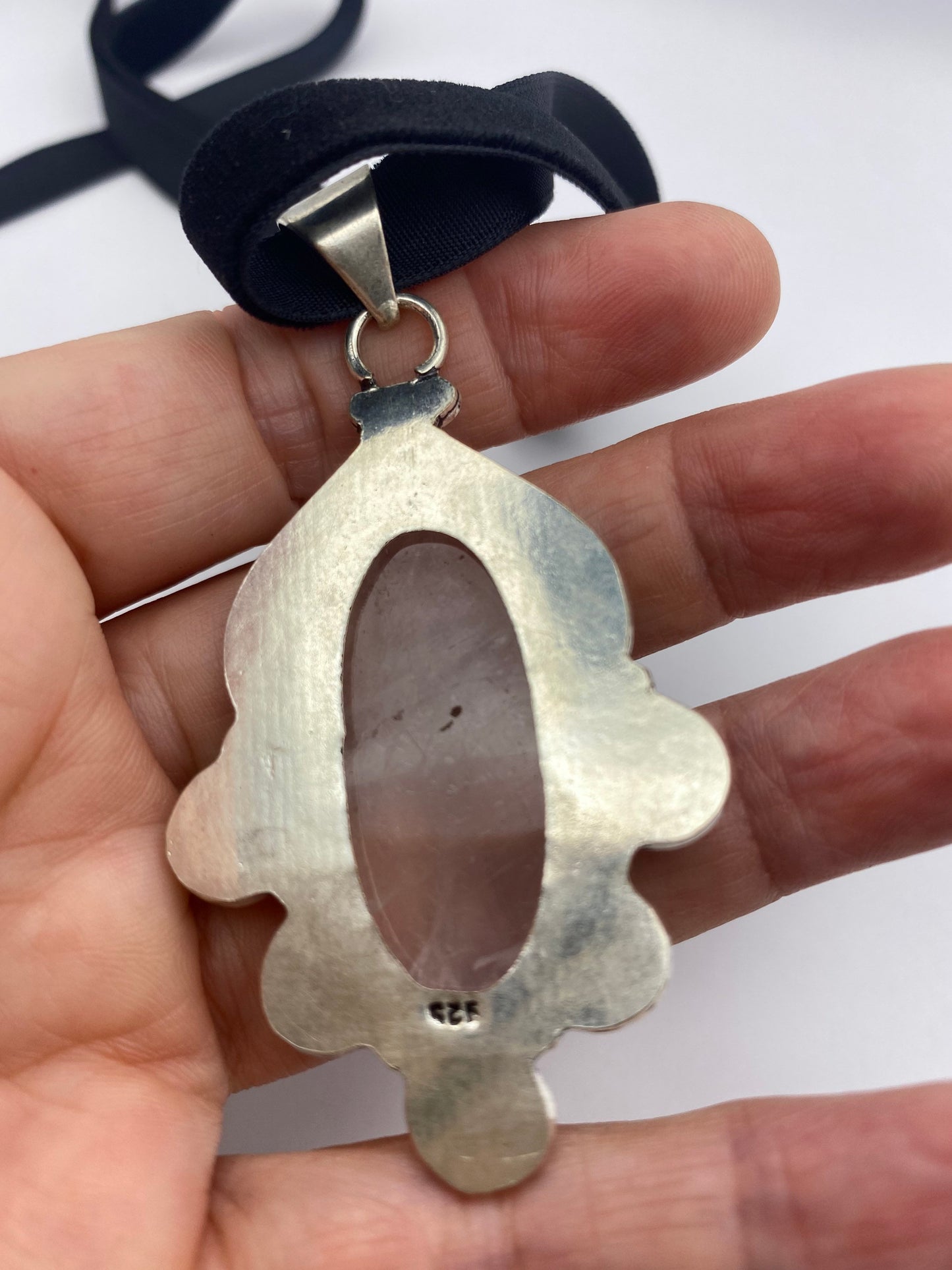 Vintage Handmade Silver Finish Rose Quartz Cross Choker Pendant