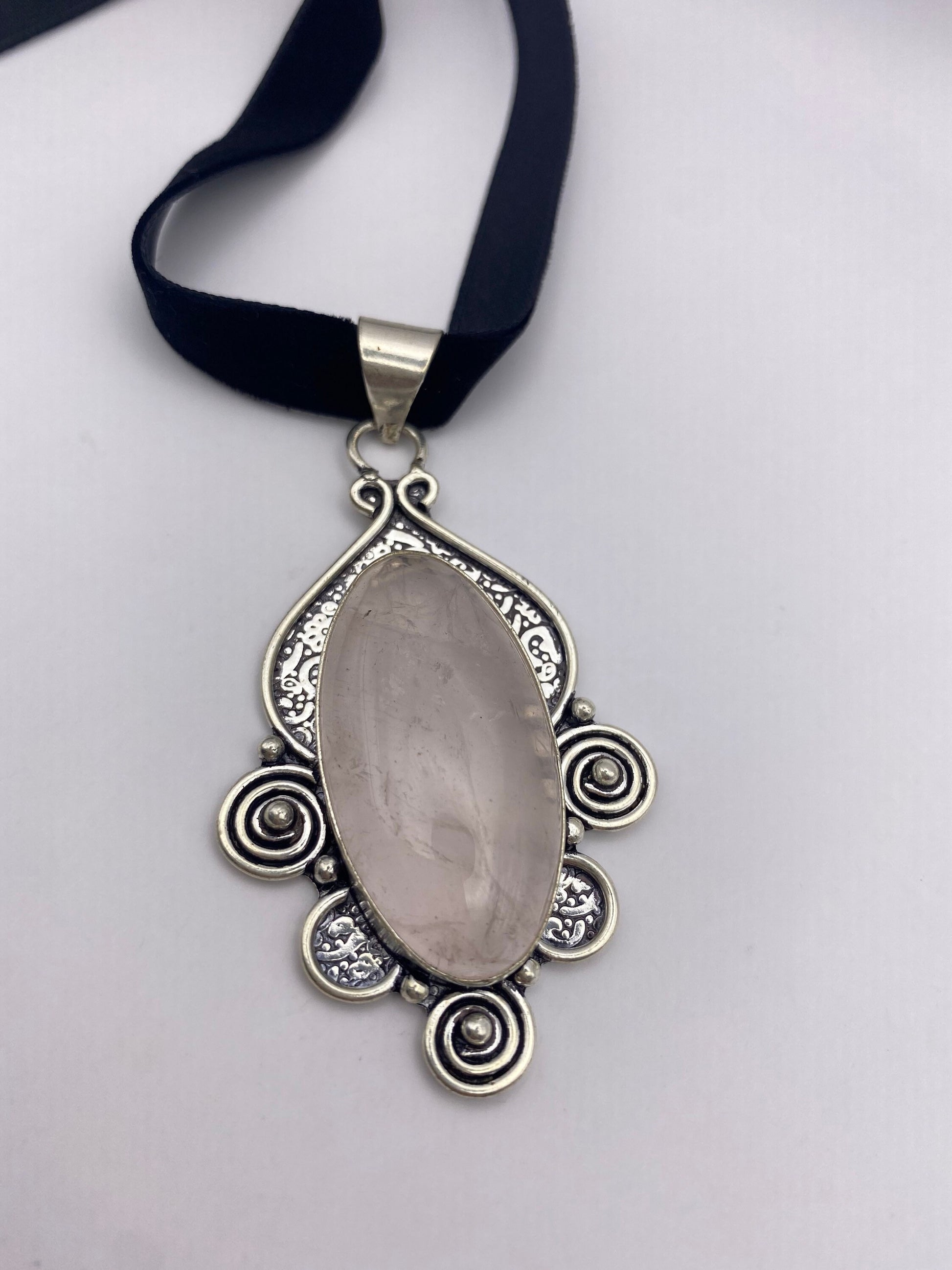 Vintage Handmade Silver Finish Rose Quartz Cross Choker Pendant