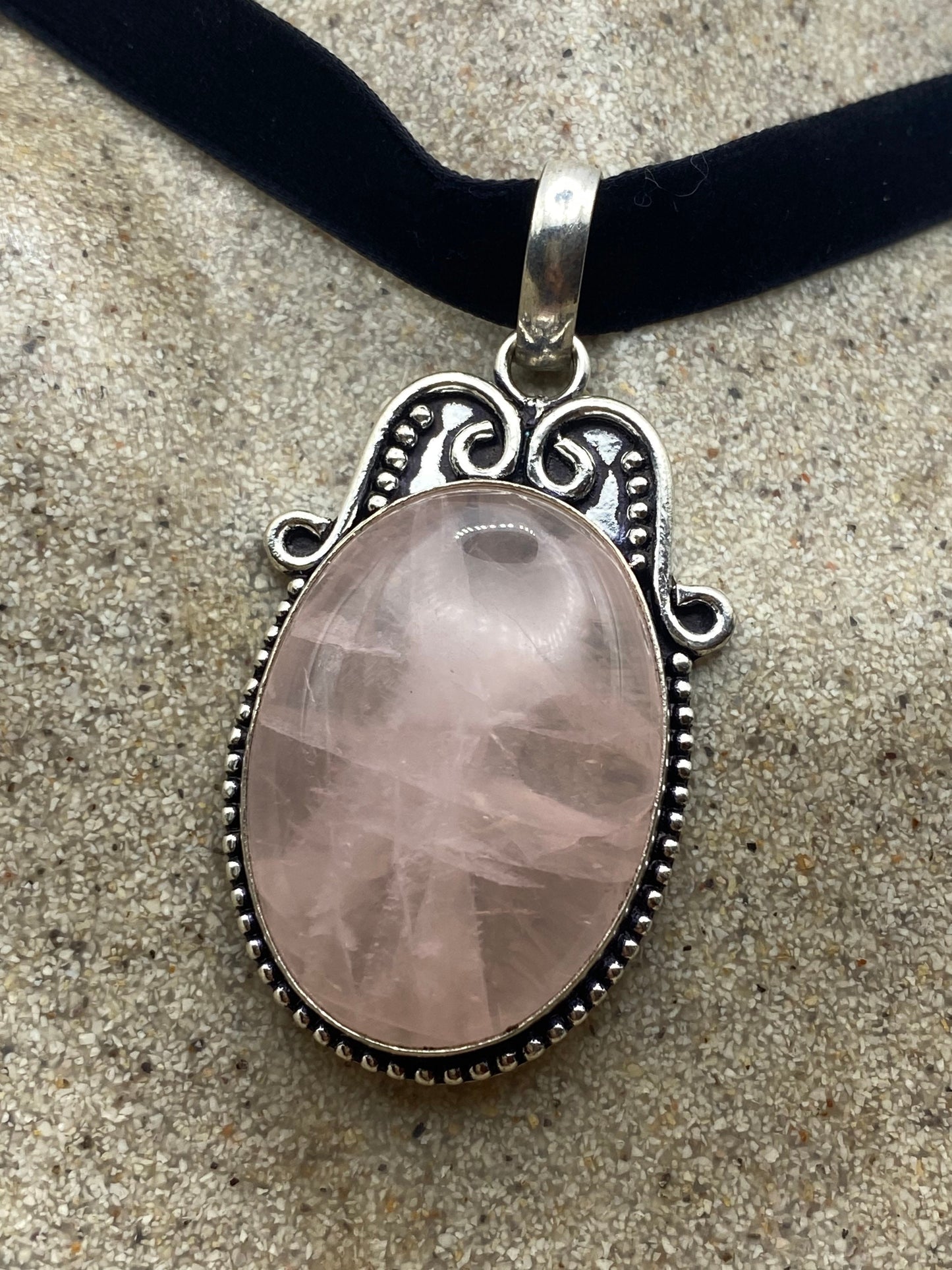 Vintage Handmade Silver Finish Rose Quartz Cross Choker Pendant