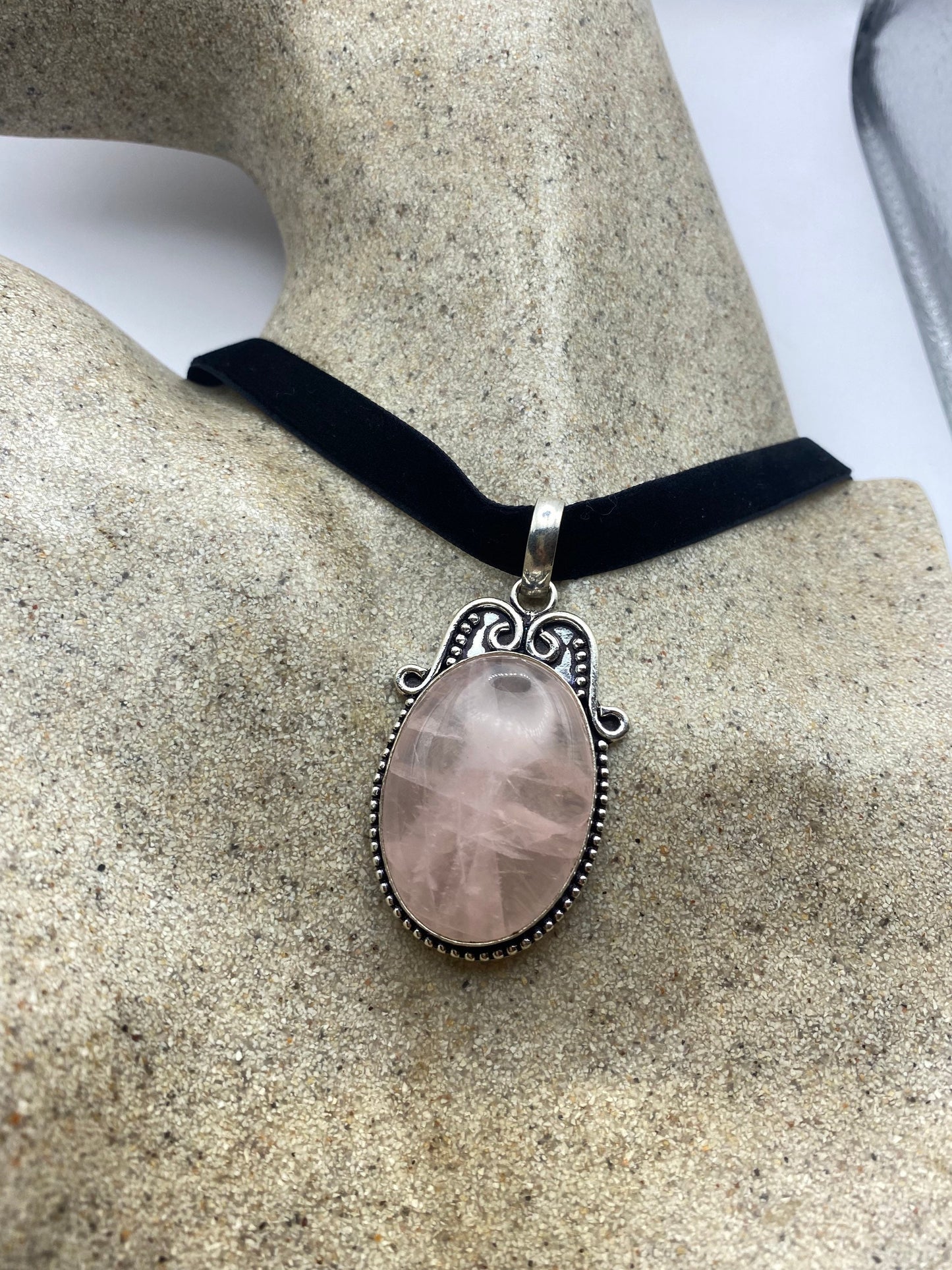 Vintage Handmade Silver Finish Rose Quartz Cross Choker Pendant