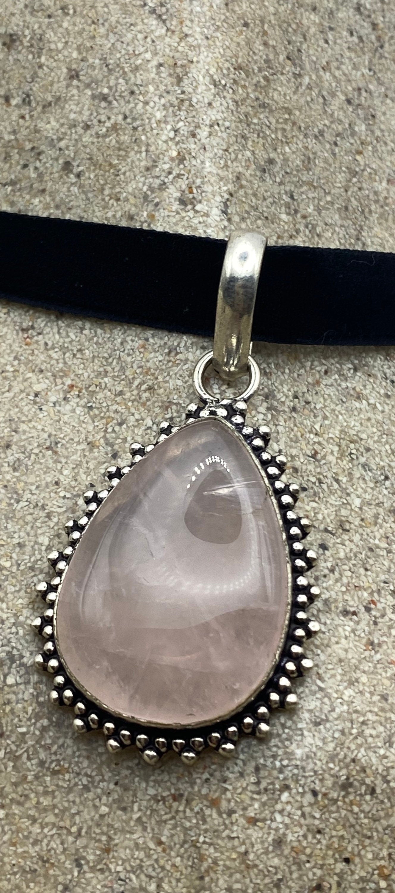 Vintage Handmade Silver Finish Rose Quartz Cross Choker Pendant