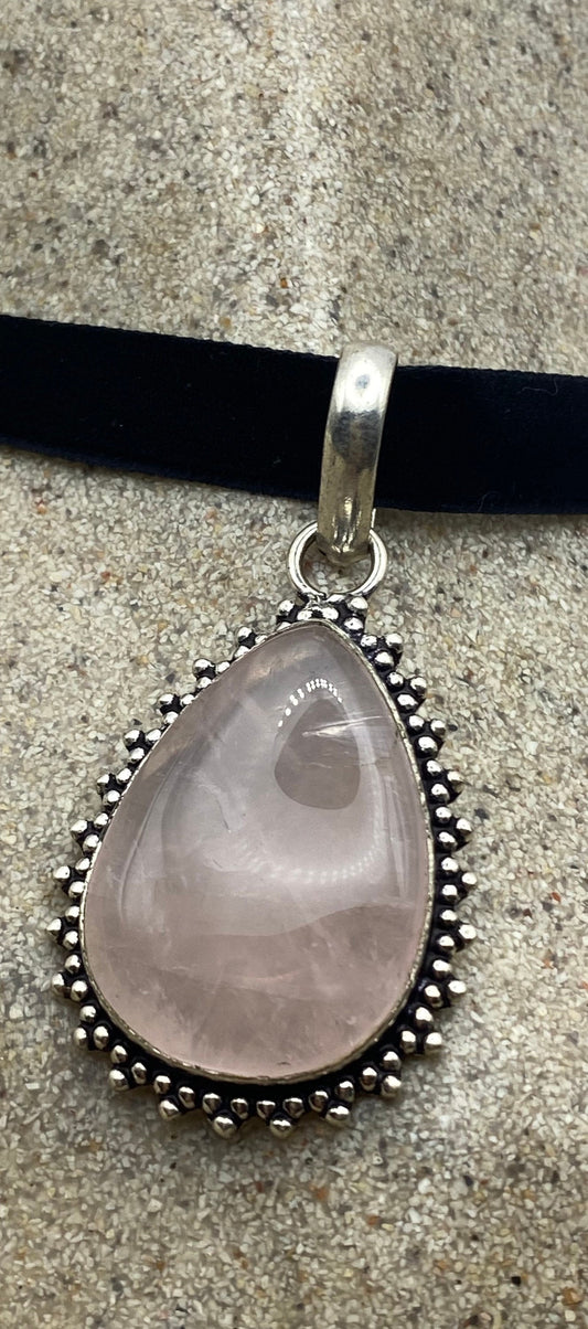 Vintage Handmade Silver Finish Rose Quartz Cross Choker Pendant