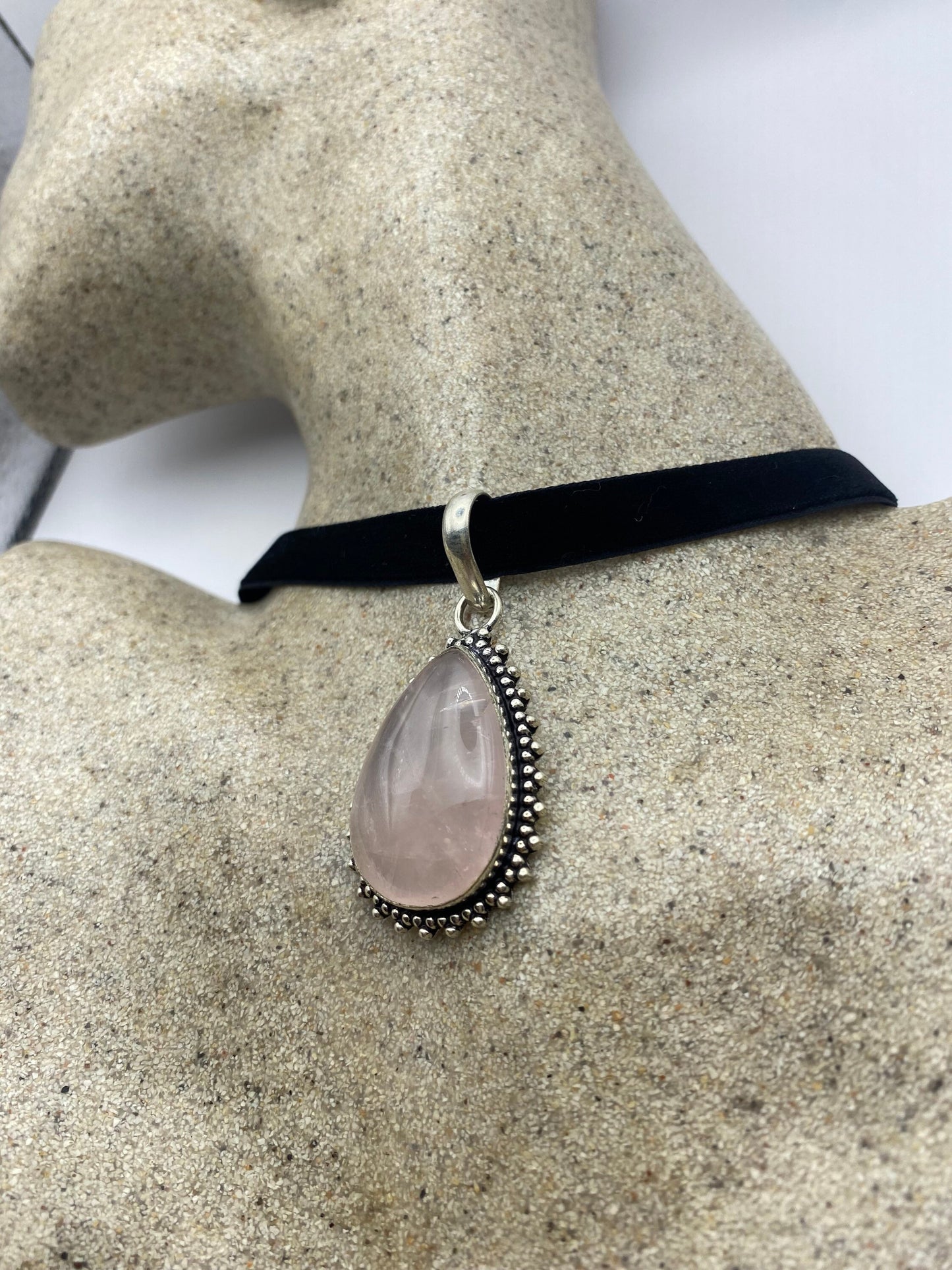 Vintage Handmade Silver Finish Rose Quartz Cross Choker Pendant