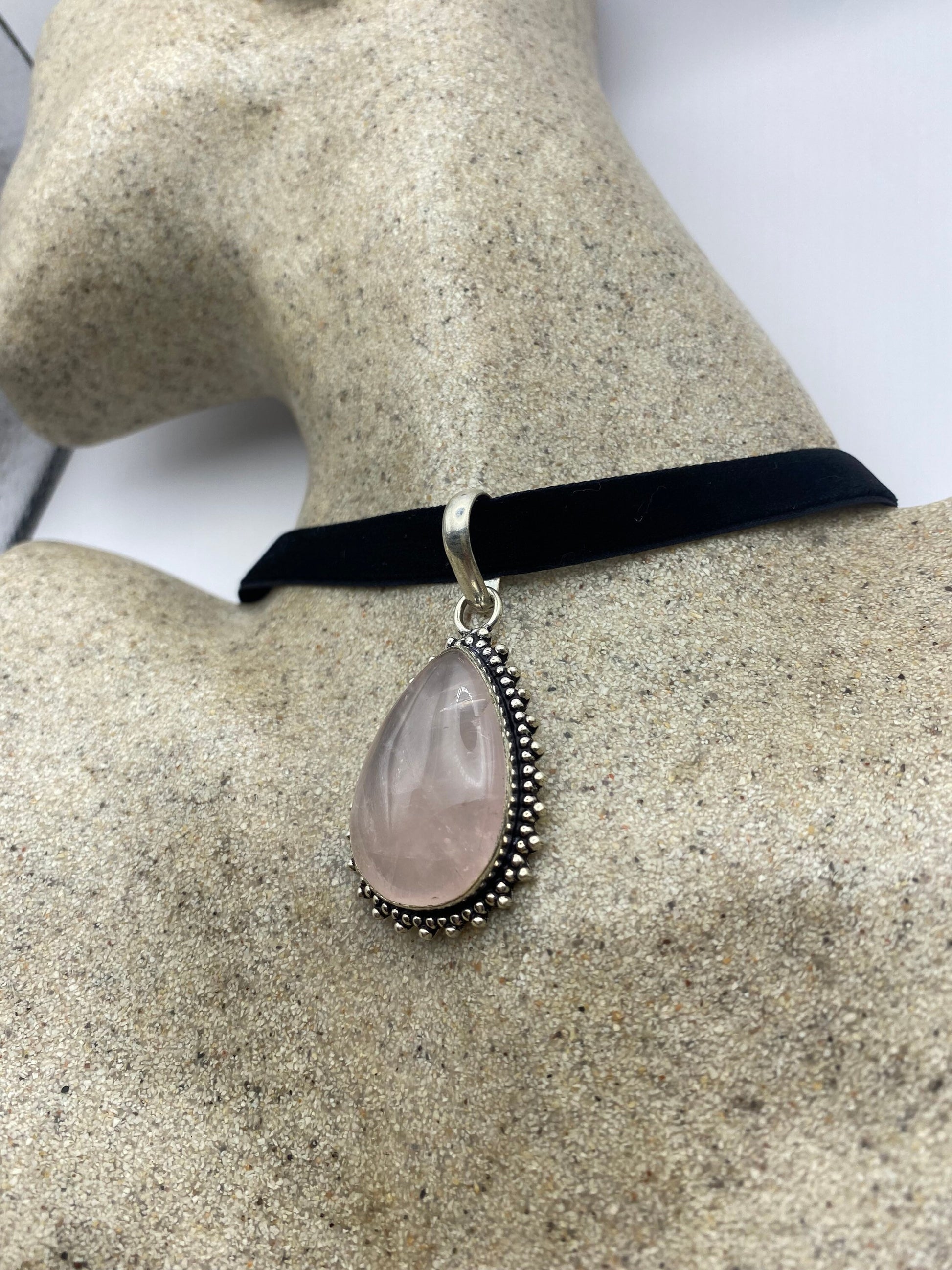 Vintage Handmade Silver Finish Rose Quartz Cross Choker Pendant