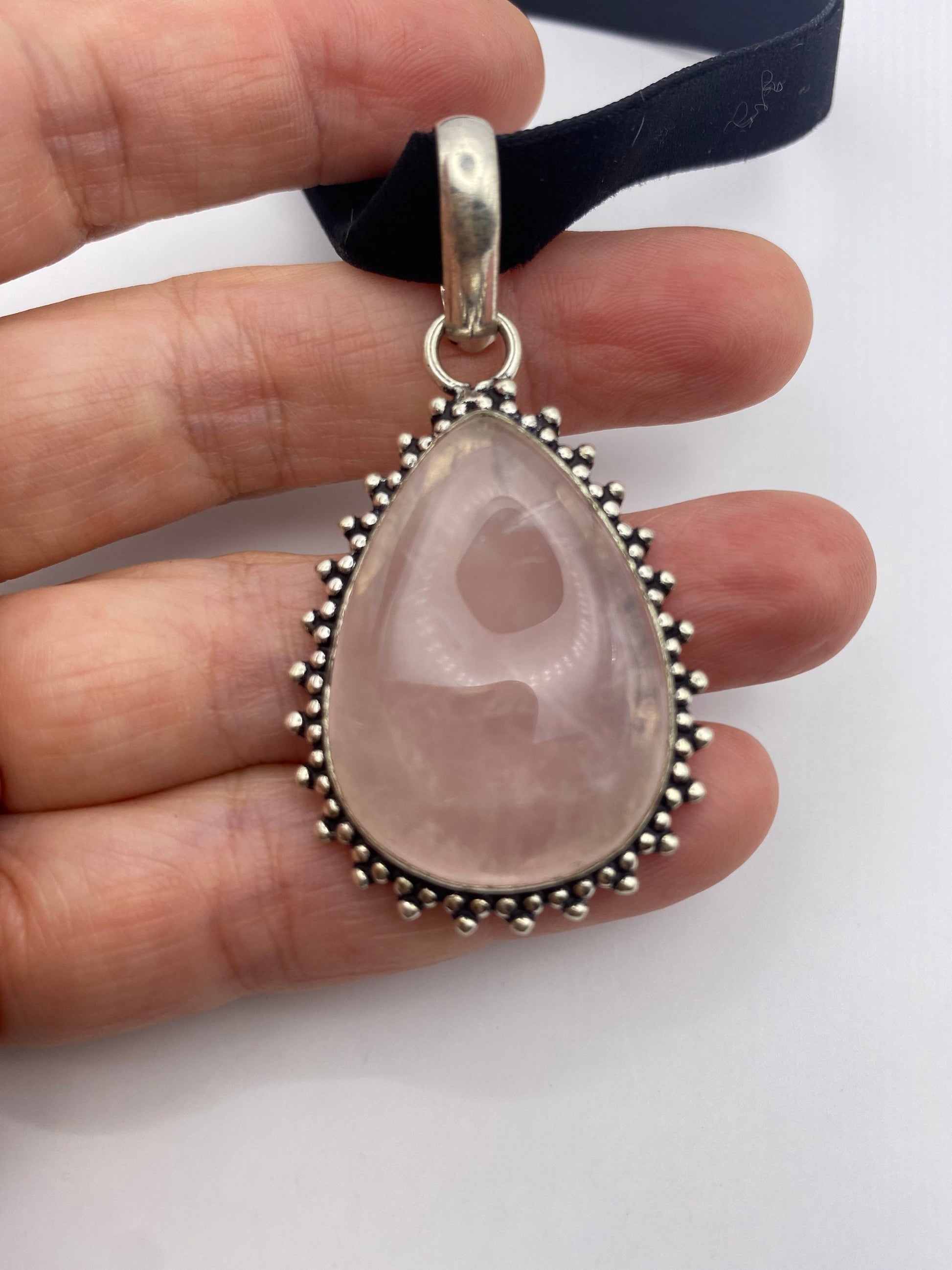 Vintage Handmade Silver Finish Rose Quartz Cross Choker Pendant