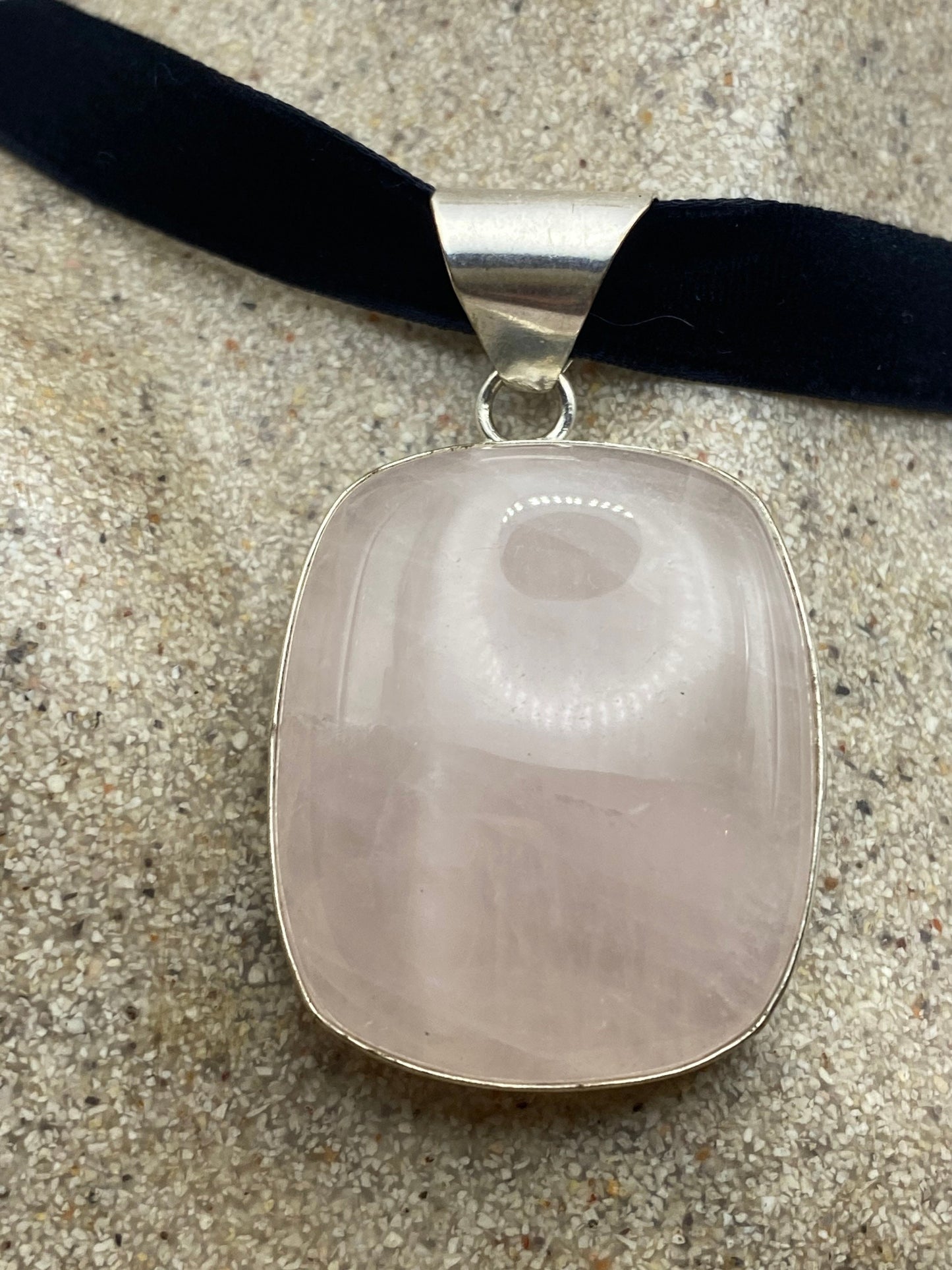 Vintage Handmade Silver Finish Rose Quartz Cross Choker Pendant