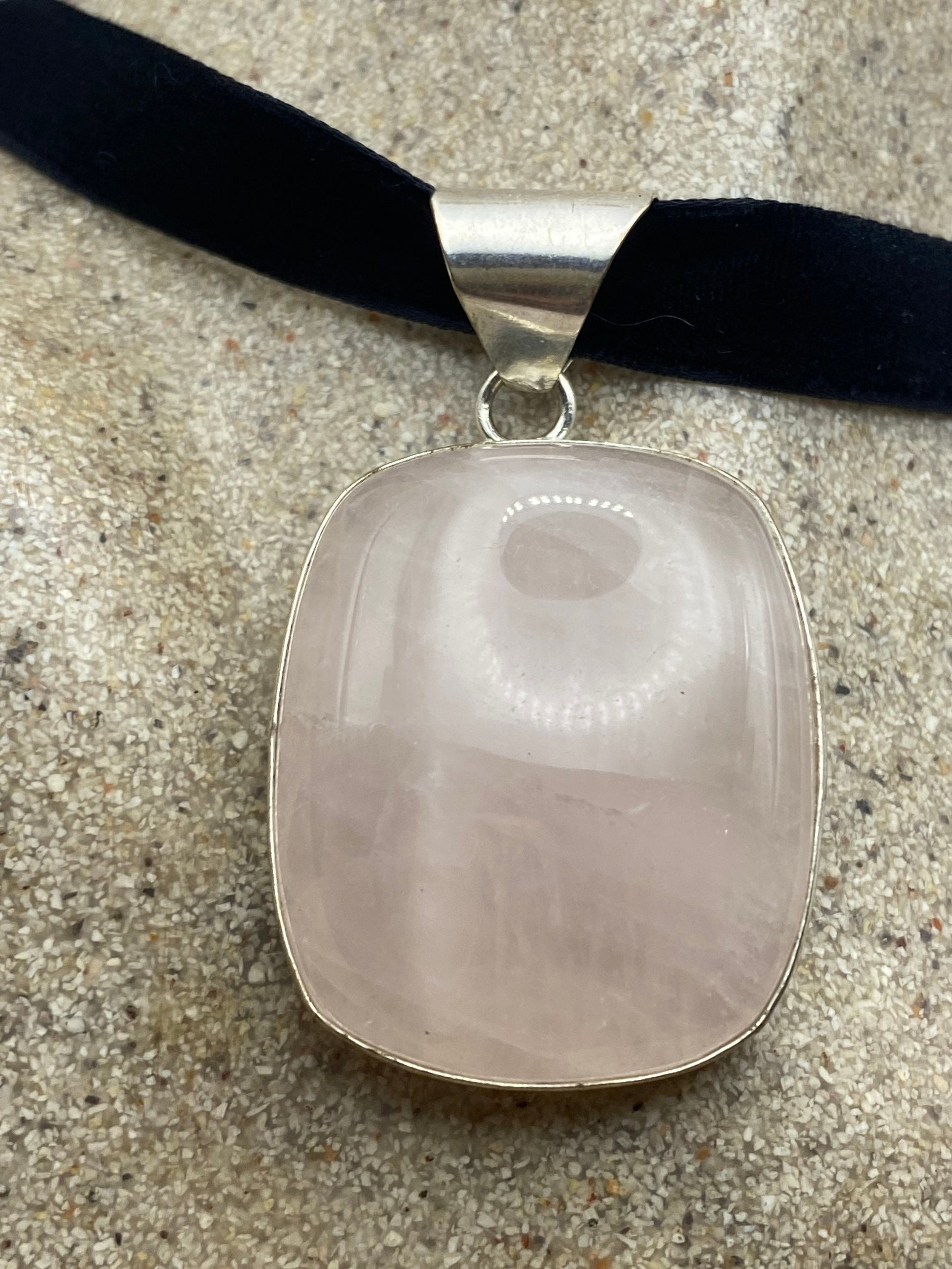 Vintage Handmade Silver Finish Rose Quartz Cross Choker Pendant