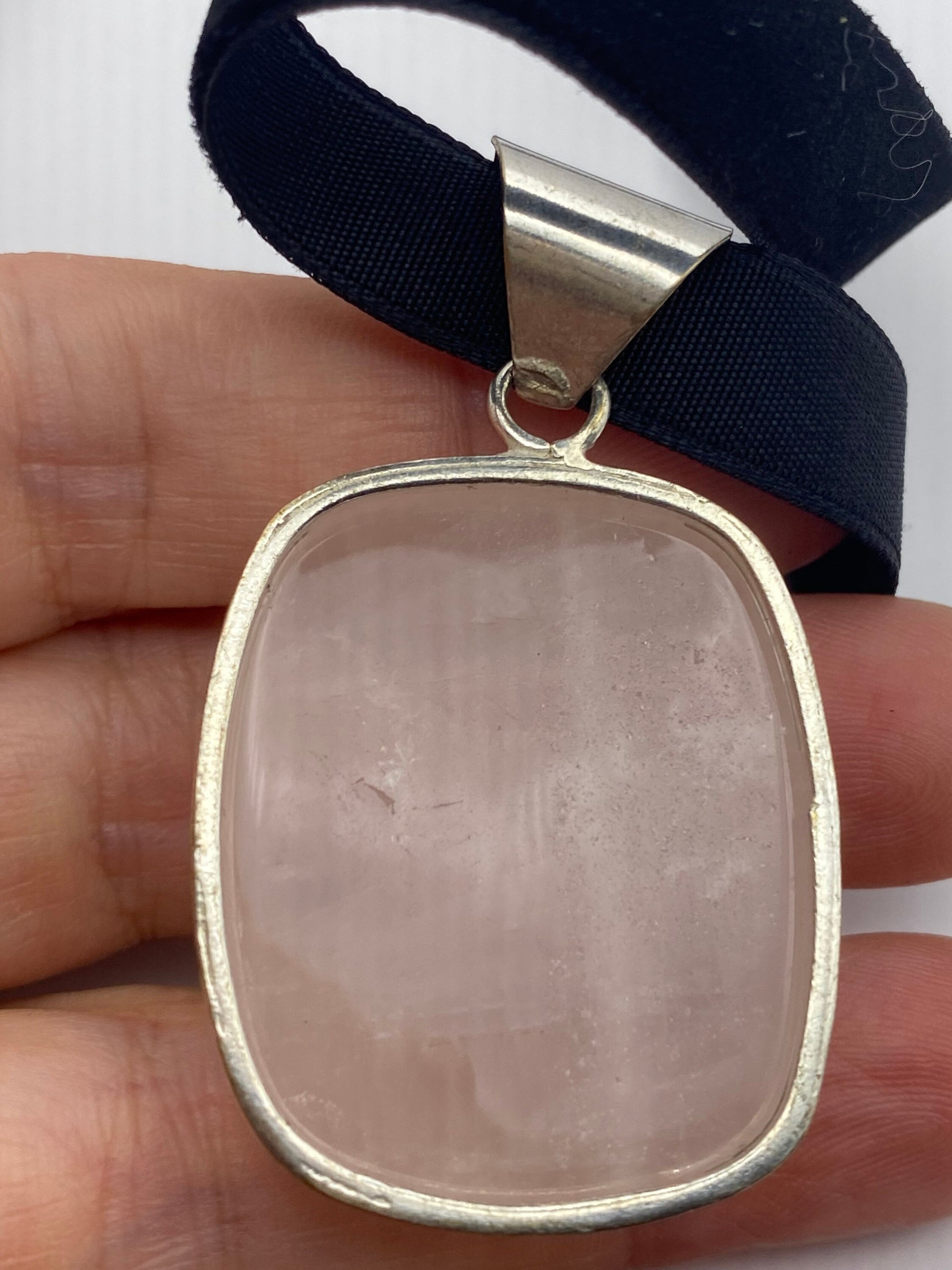 Vintage Handmade Silver Finish Rose Quartz Cross Choker Pendant
