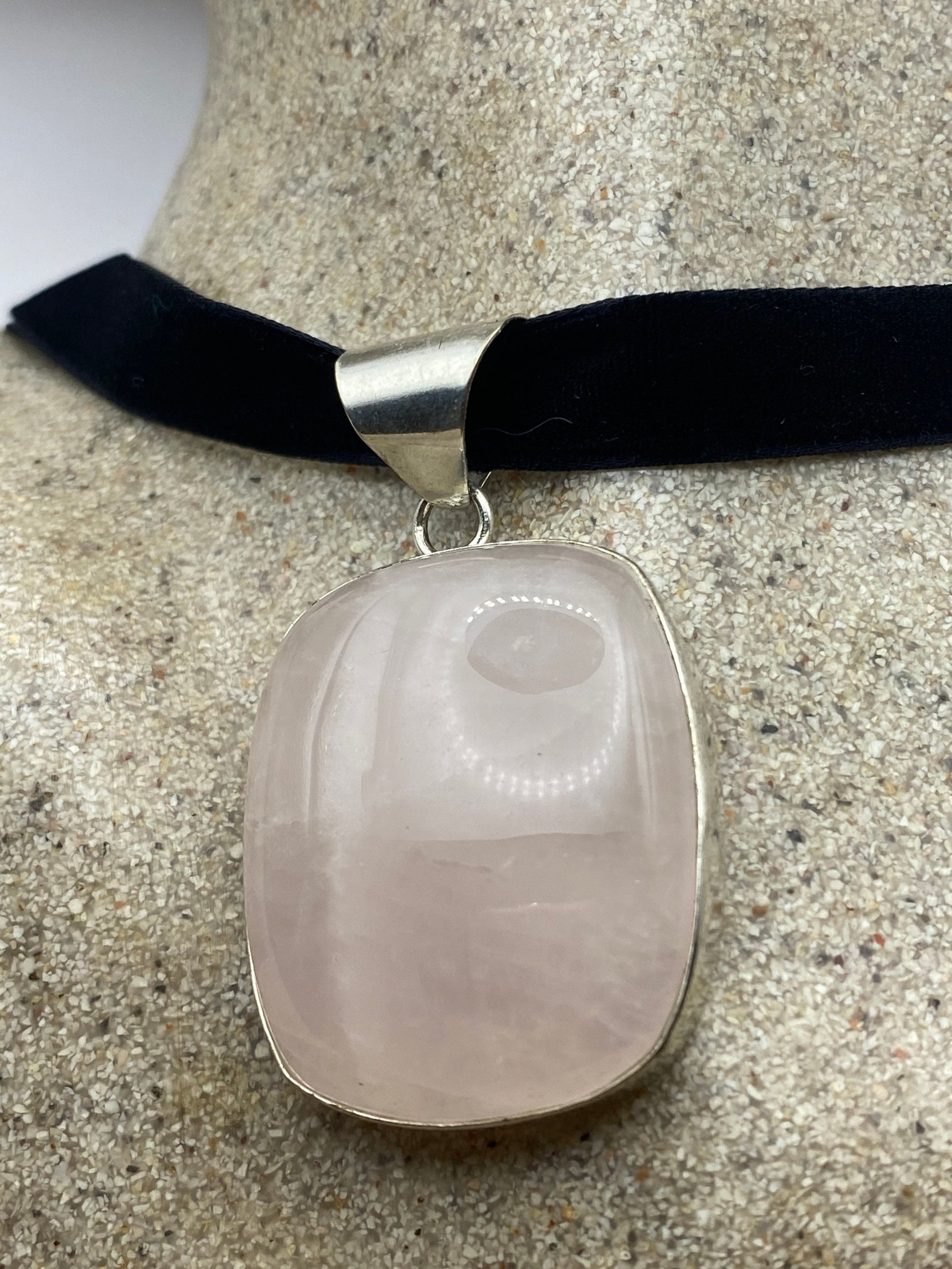 Vintage Handmade Silver Finish Rose Quartz Cross Choker Pendant