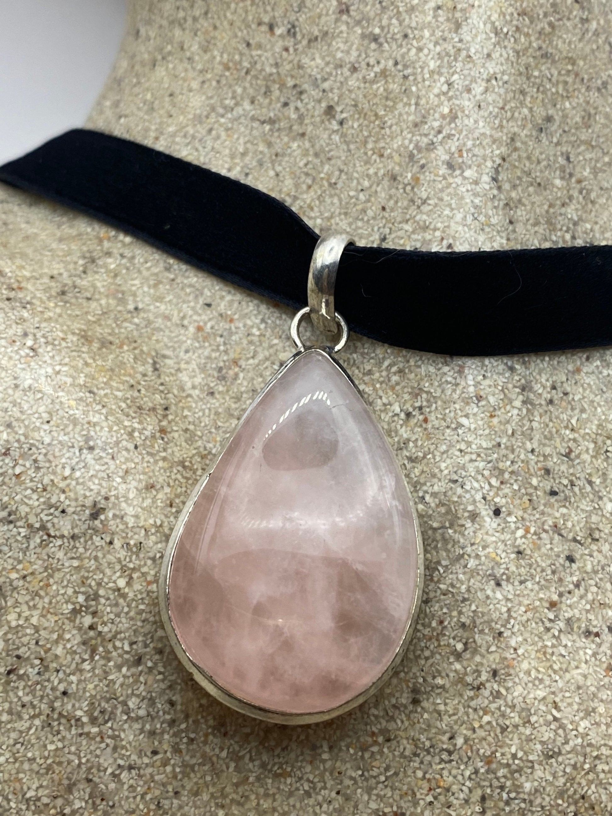 Vintage Handmade Silver Finish Rose Quartz Cross Choker Pendant