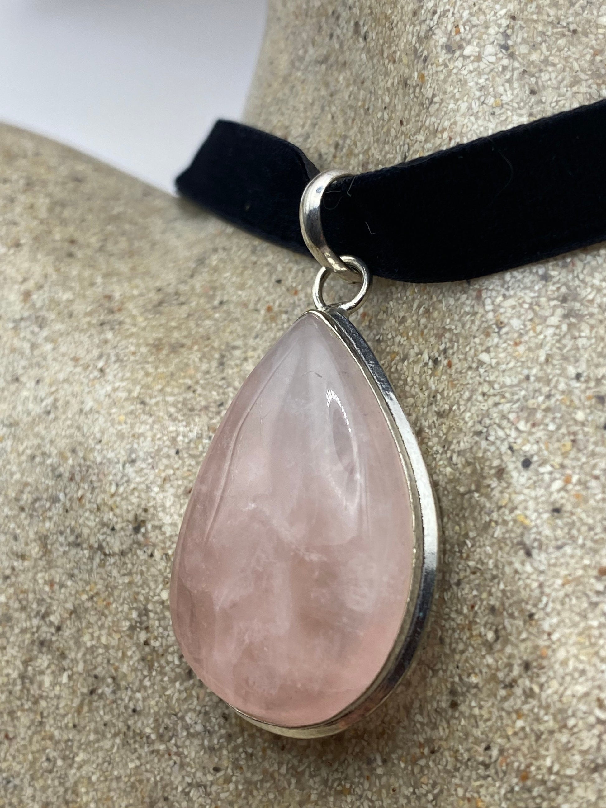 Vintage Handmade Silver Finish Rose Quartz Cross Choker Pendant