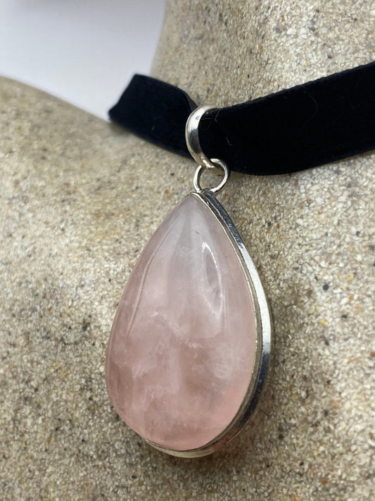 Vintage Handmade Silver Finish Rose Quartz Cross Choker Pendant