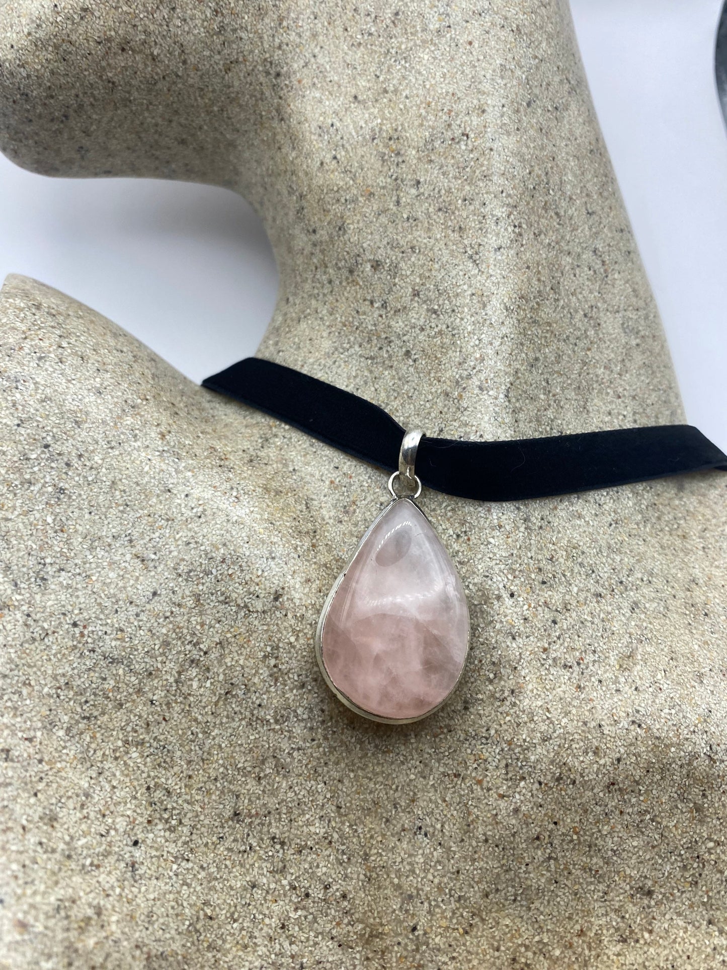 Vintage Handmade Silver Finish Rose Quartz Cross Choker Pendant