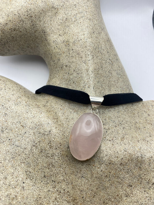 Vintage Handmade Silver Finish Rose Quartz Cross Choker Pendant