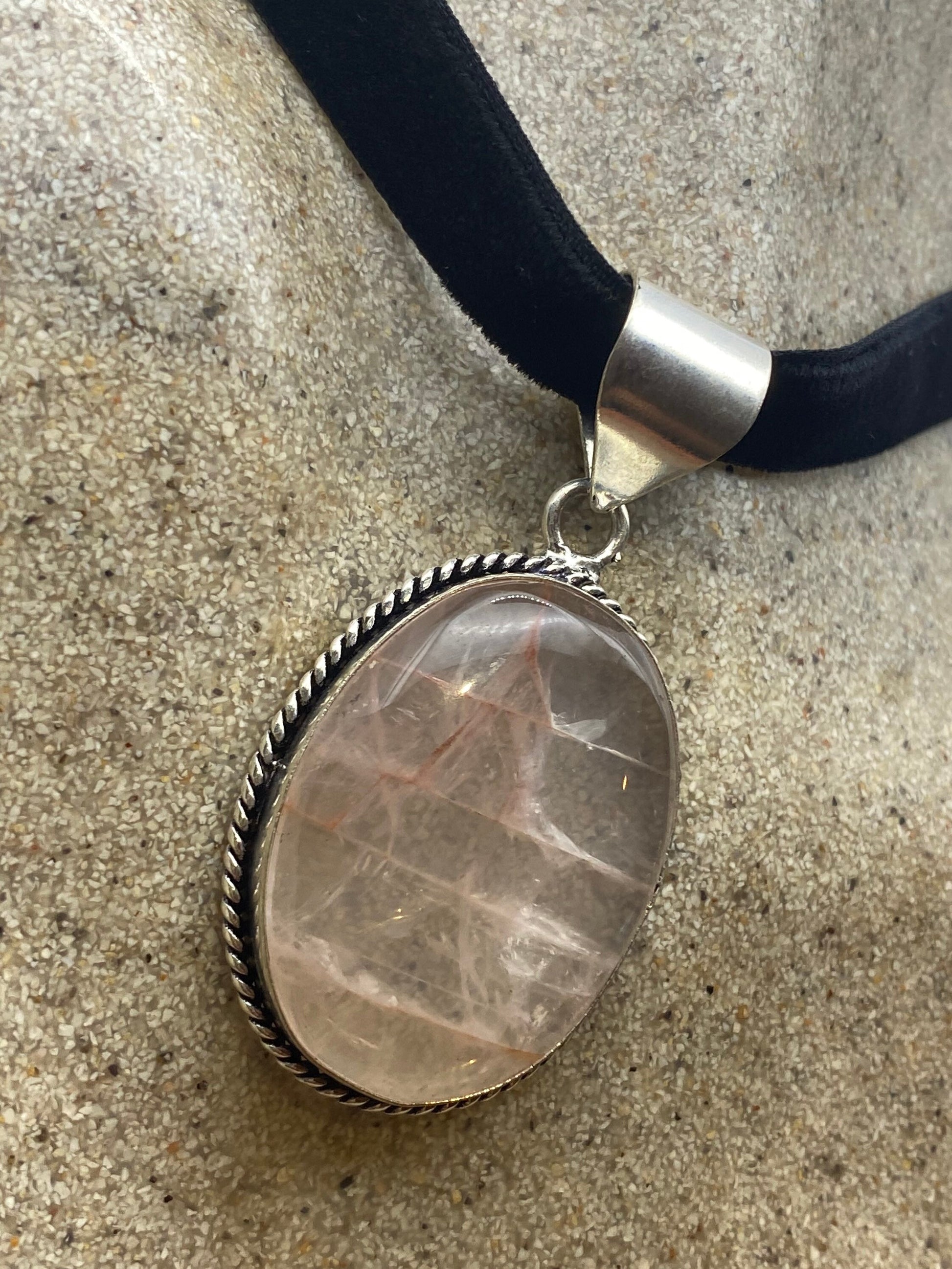 Vintage Handmade Silver Finish Rose Quartz Cross Choker Pendant