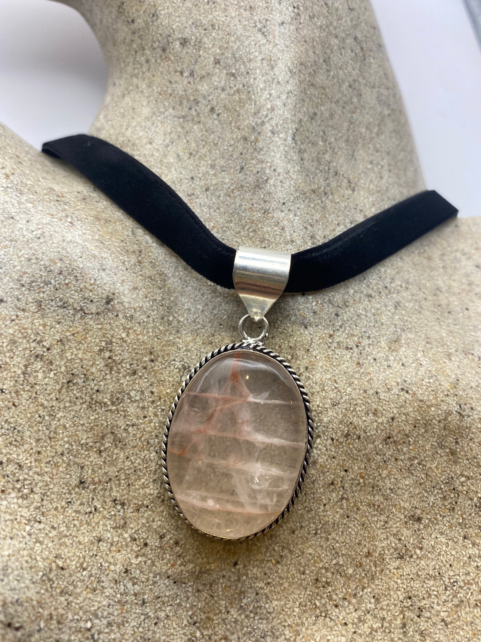 Vintage Handmade Silver Finish Rose Quartz Cross Choker Pendant