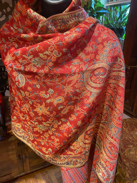 Vintage Red Metallic Gold Paisley Brocade Pashmina Scarf Wrap
