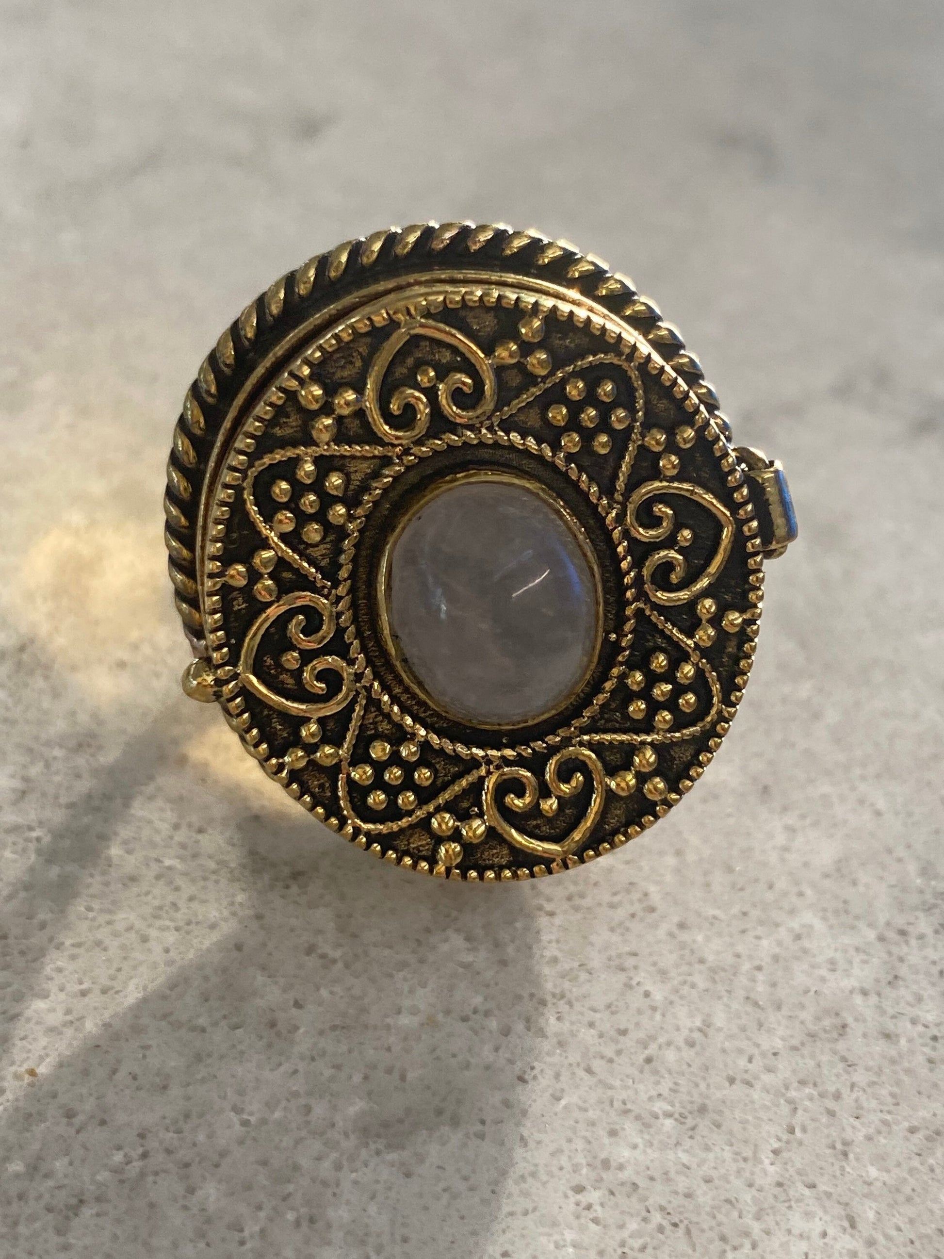 Vintage Rainbow Moonstone Brass Poison Pillbox Ring