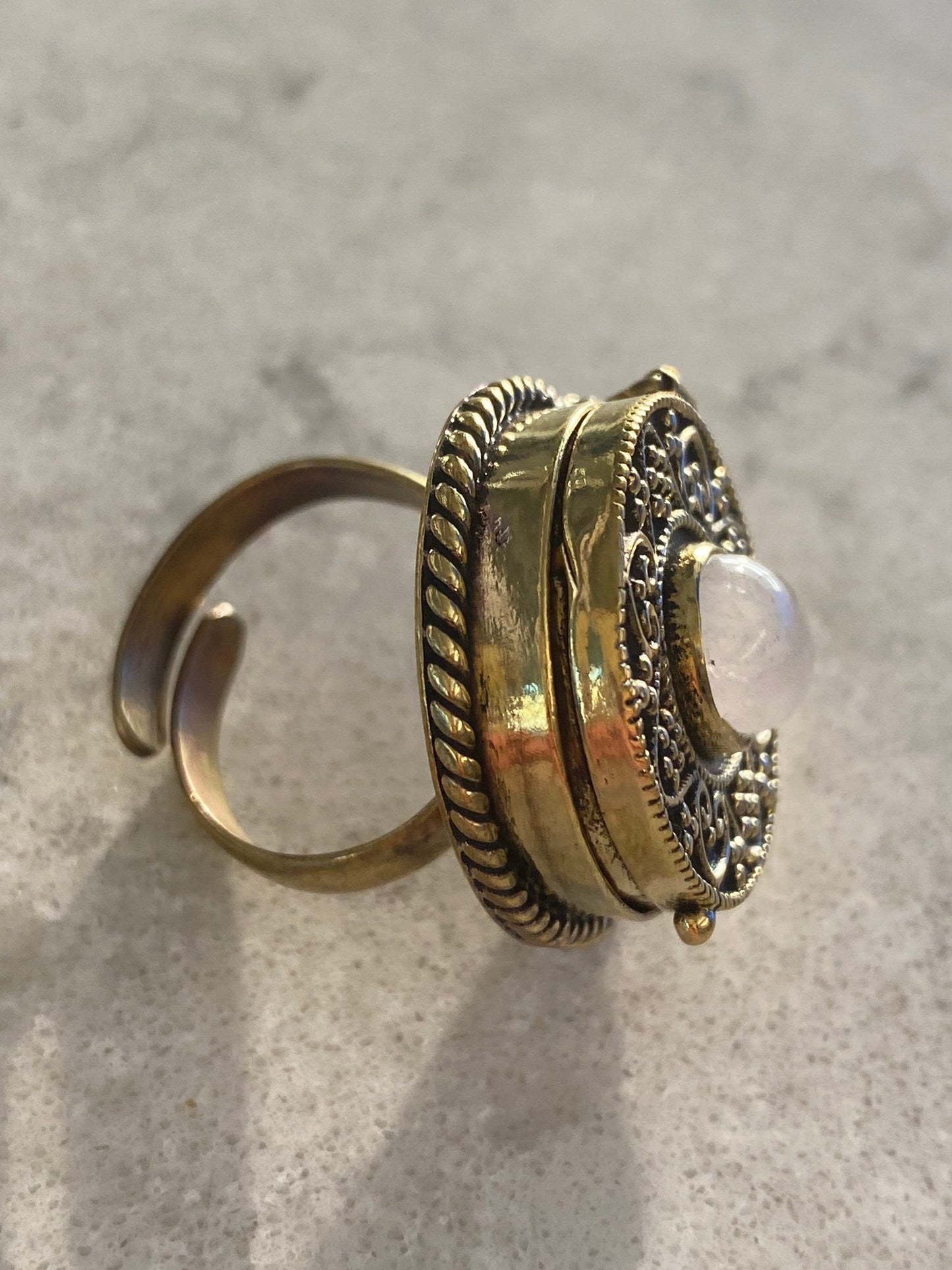 Vintage Rainbow Moonstone Brass Poison Pillbox Ring