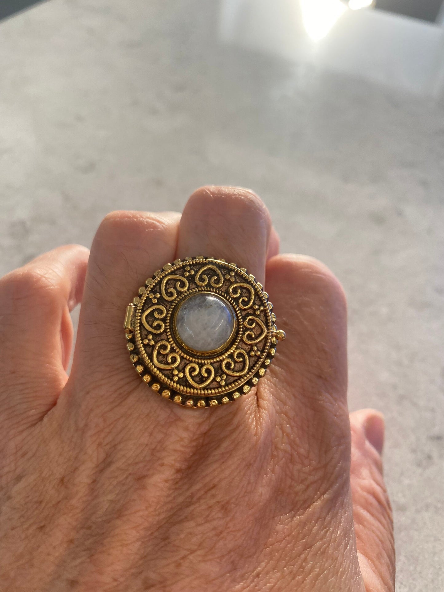 Vintage Rainbow Moonstone Brass Poison Pillbox Ring