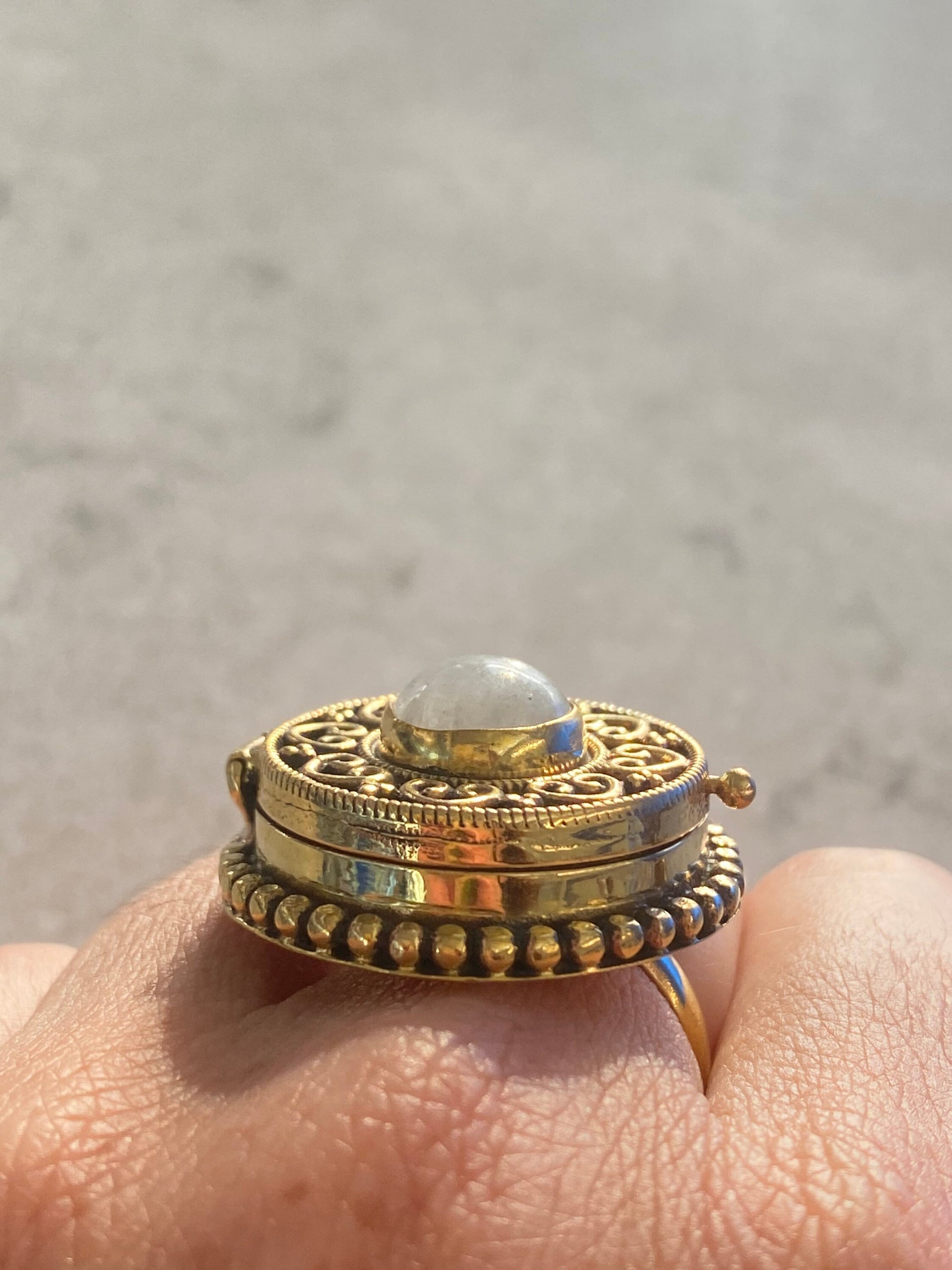 Vintage Rainbow Moonstone Brass Poison Pillbox Ring