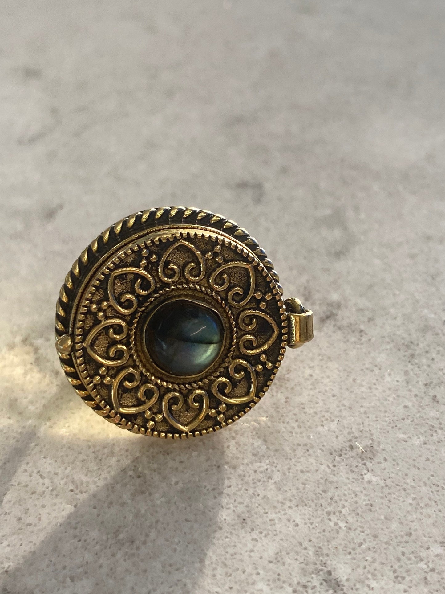 Vintage Rainbow Labradorite Brass Poison Pillbox Ring