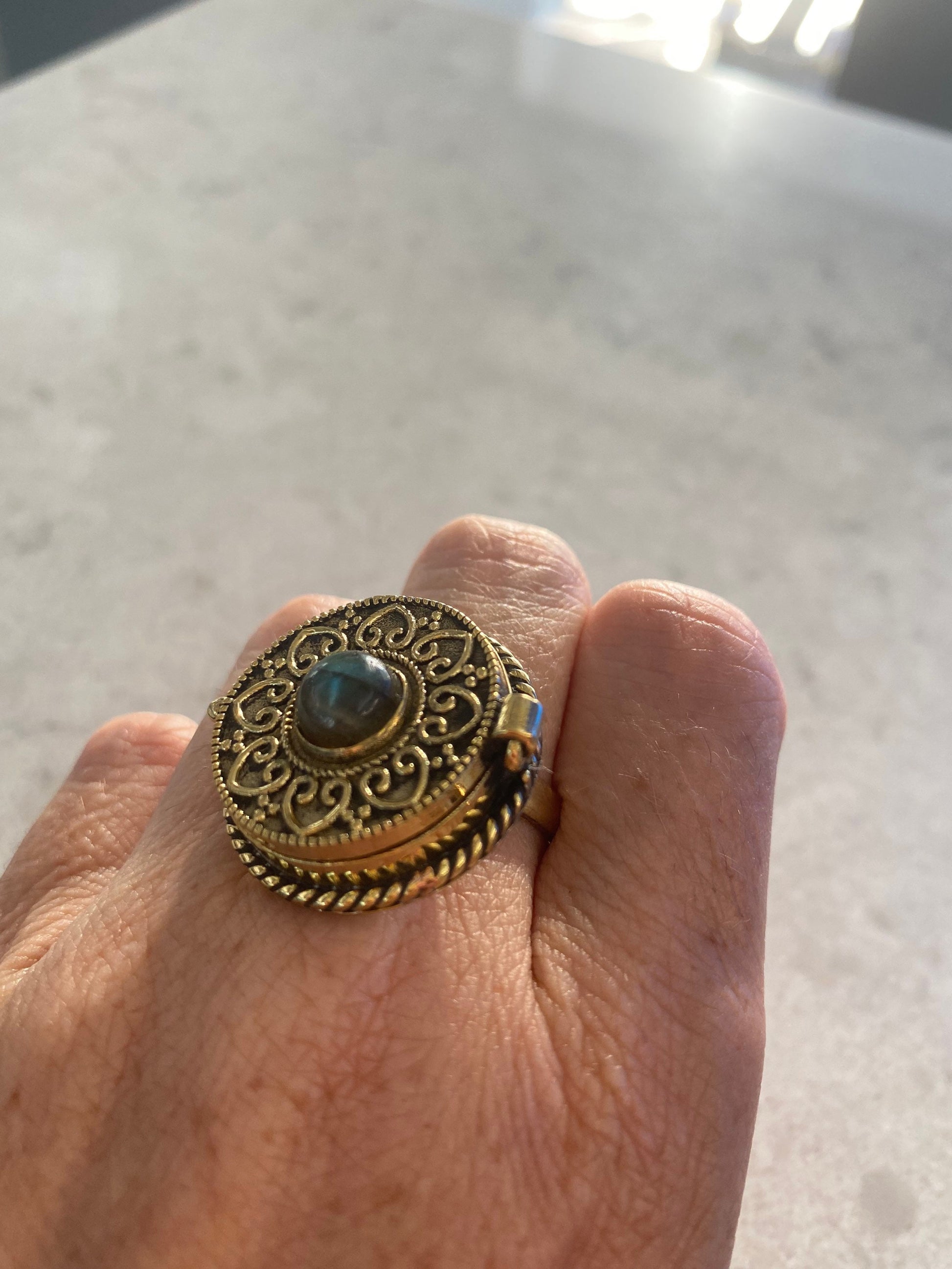 Vintage Rainbow Labradorite Brass Poison Pillbox Ring