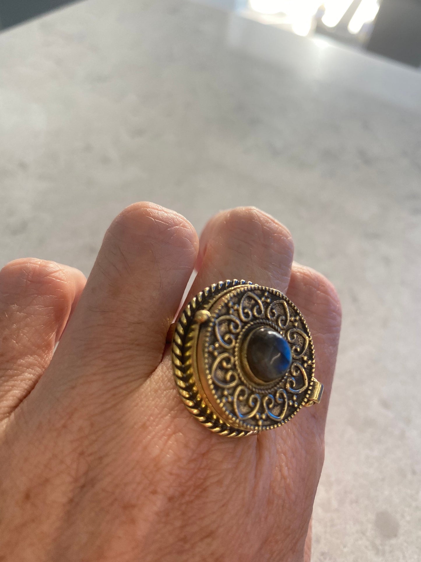 Vintage Rainbow Labradorite Brass Poison Pillbox Ring