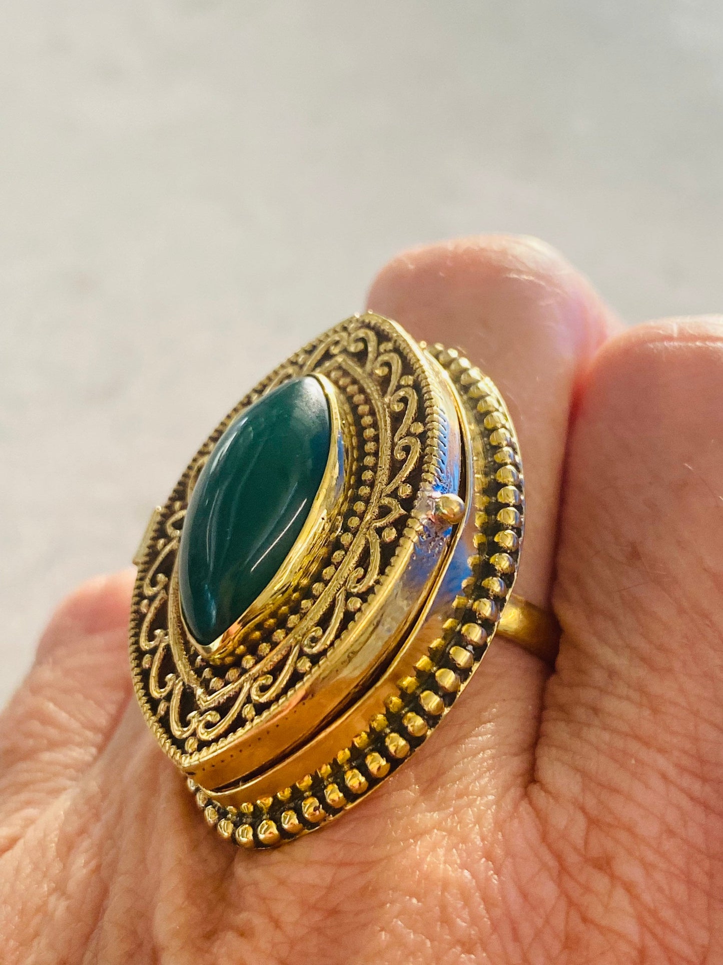 Vintage Green Chrysoprase Brass Poison Pillbox Ring