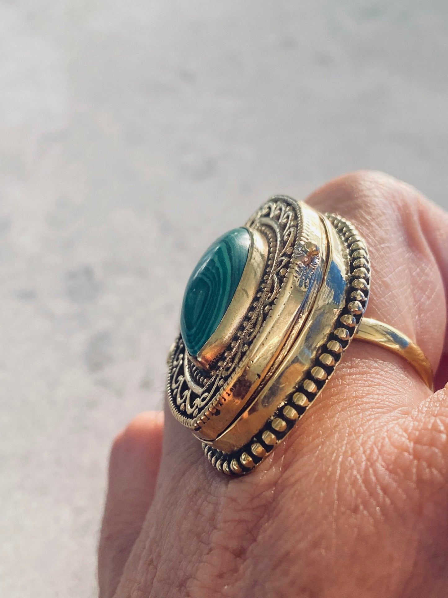 Vintage Green Malachite Brass Poison Pillbox Ring