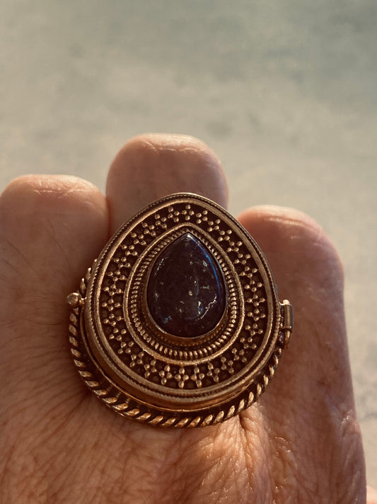 Vintage Blue Lapis Brass Poison Pillbox Ring