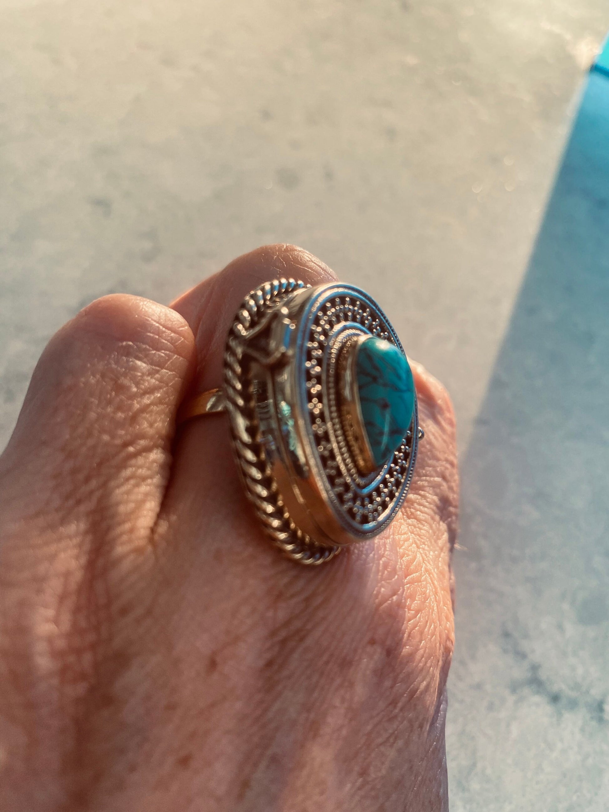 Vintage Turquoise Brass Poison Pillbox Ring