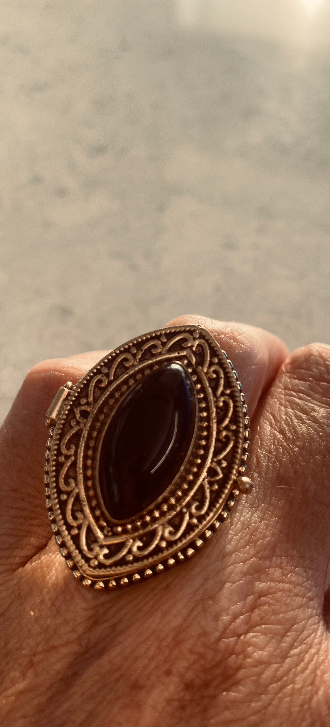 Vintage Black Onyx Brass Poison Pillbox Ring