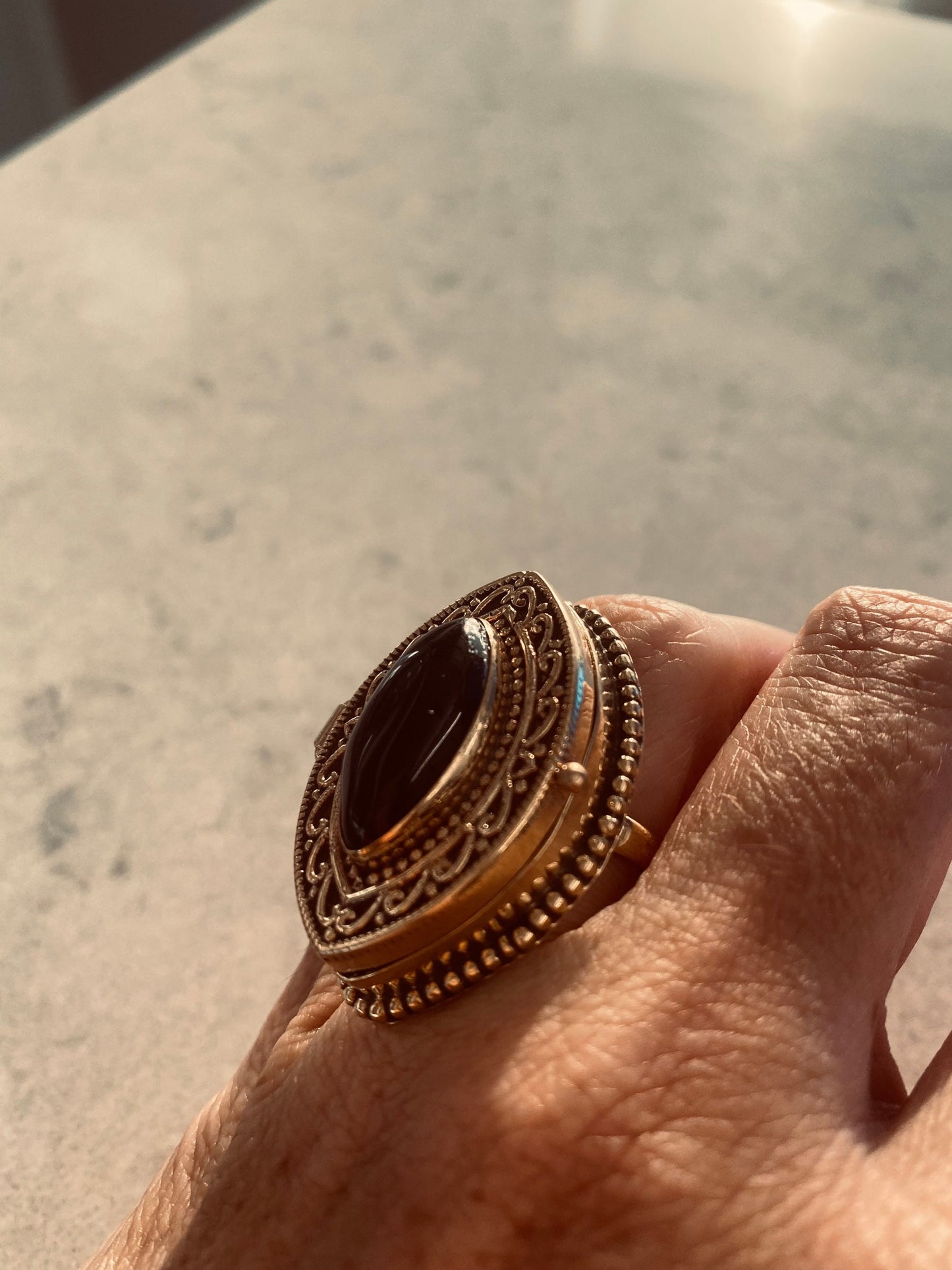 Vintage Black Onyx Brass Poison Pillbox Ring