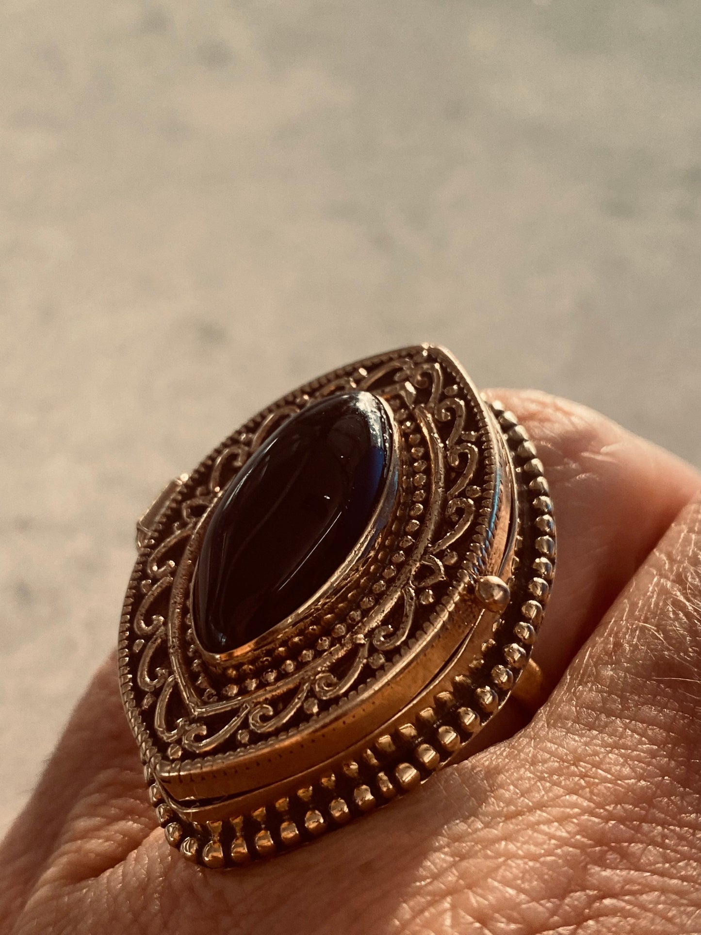 Vintage Black Onyx Brass Poison Pillbox Ring