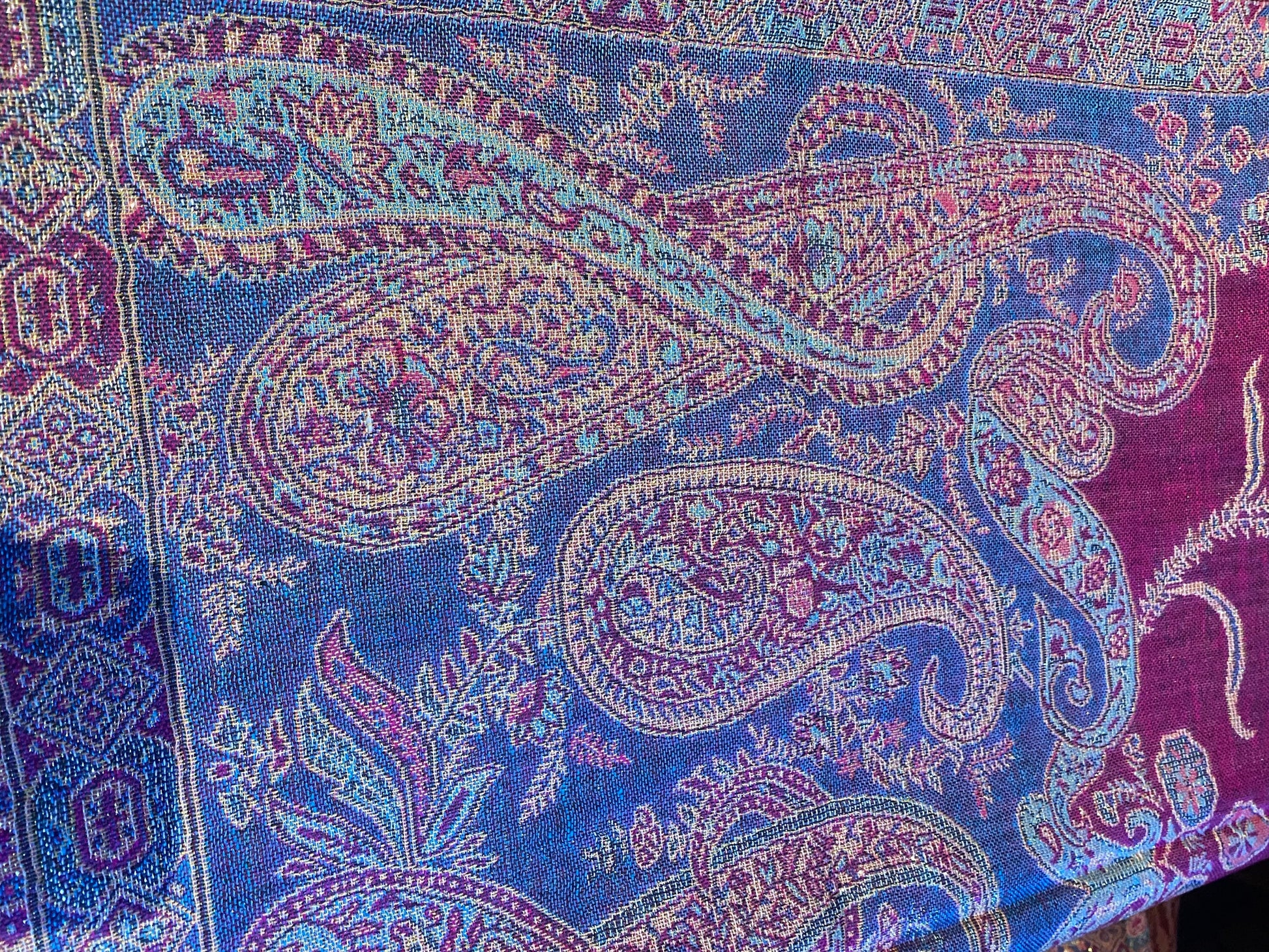 Vintage Fuchsia Blue Metallic Gold Paisley Brocade Pashmina Scarf Wrap