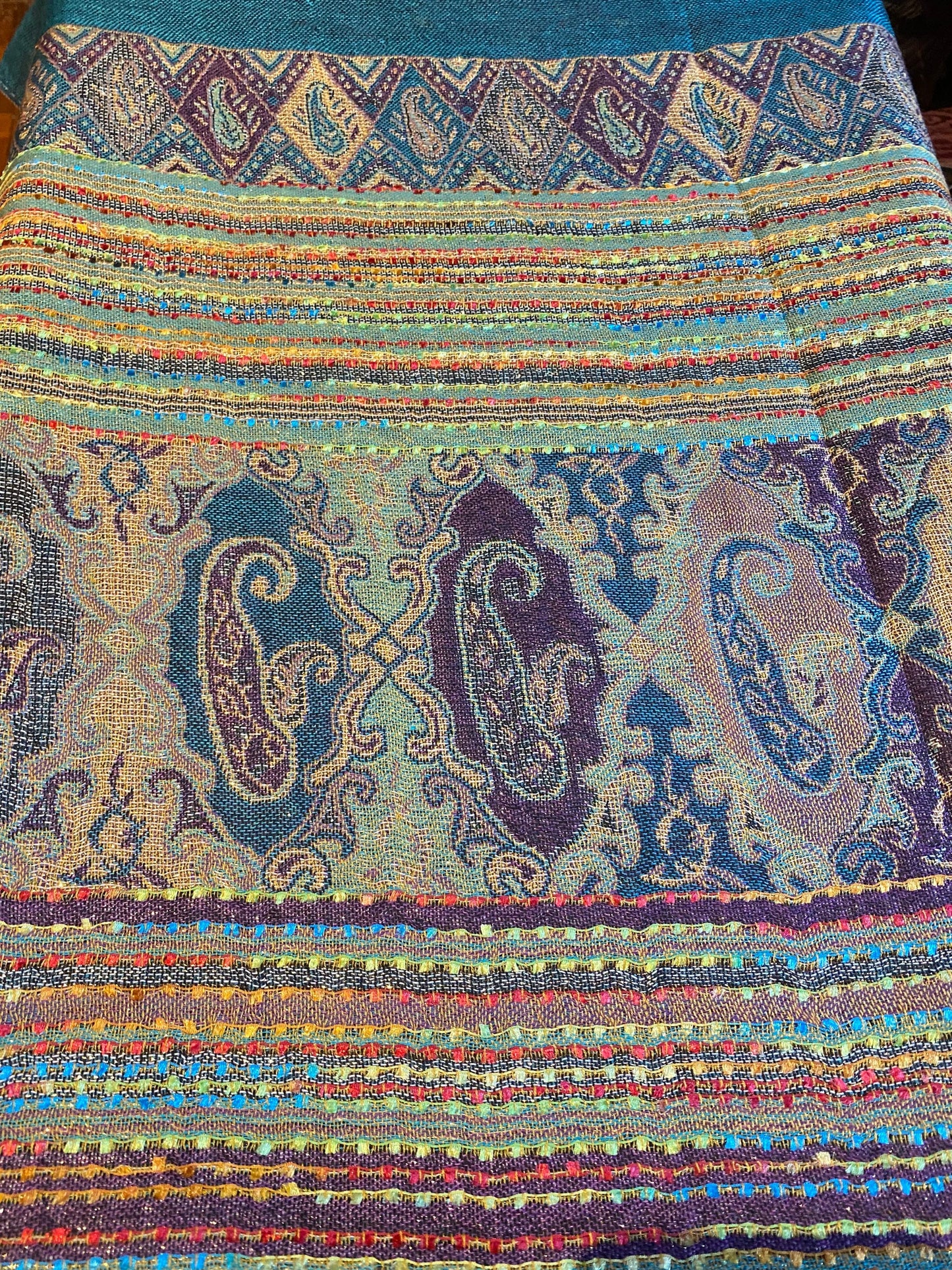 Vintage Blue Gold Paisley Brocade Pashmina Scarf Wrap Shawl