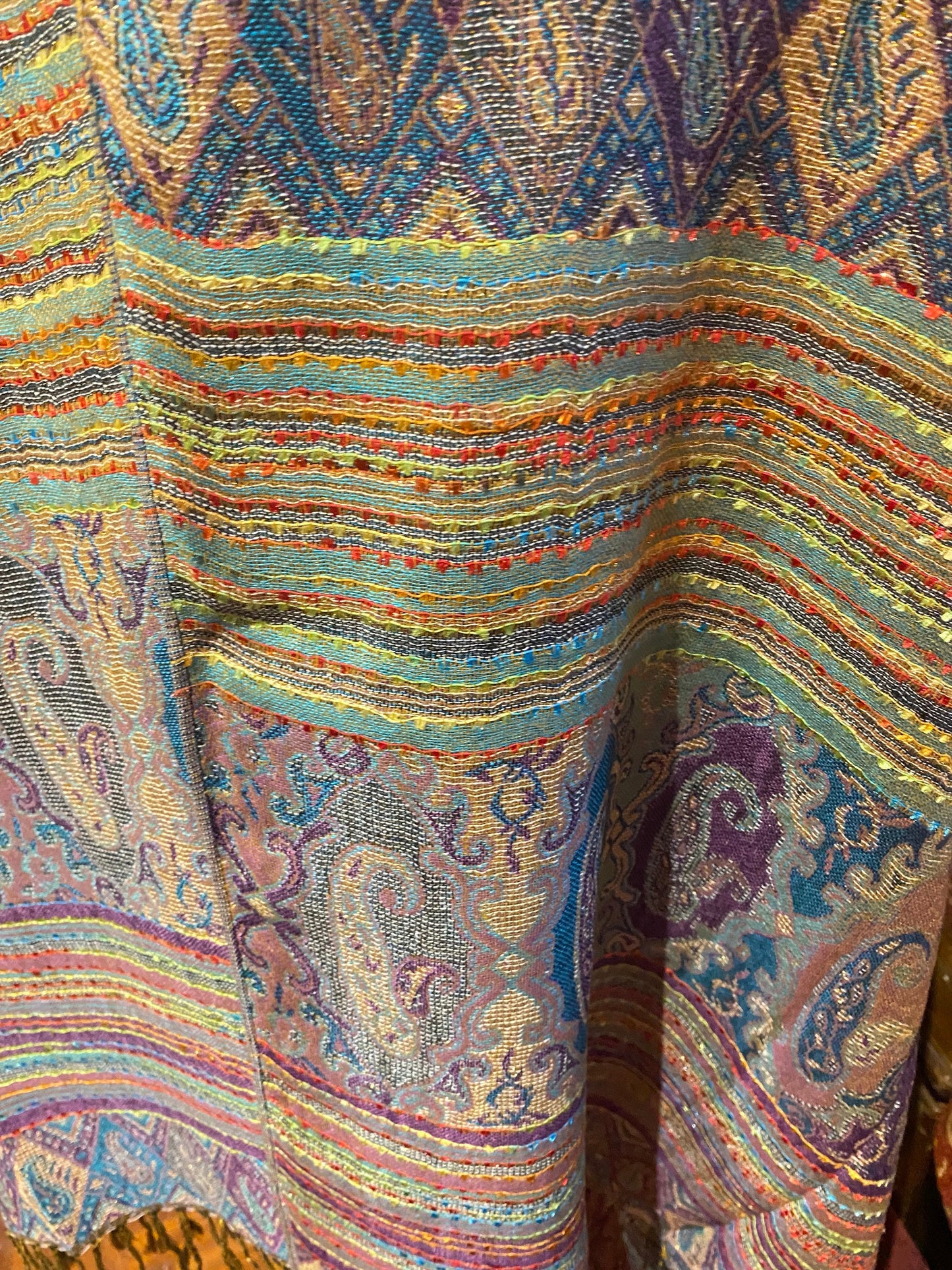 Vintage Blue Gold Paisley Brocade Pashmina Scarf Wrap Shawl