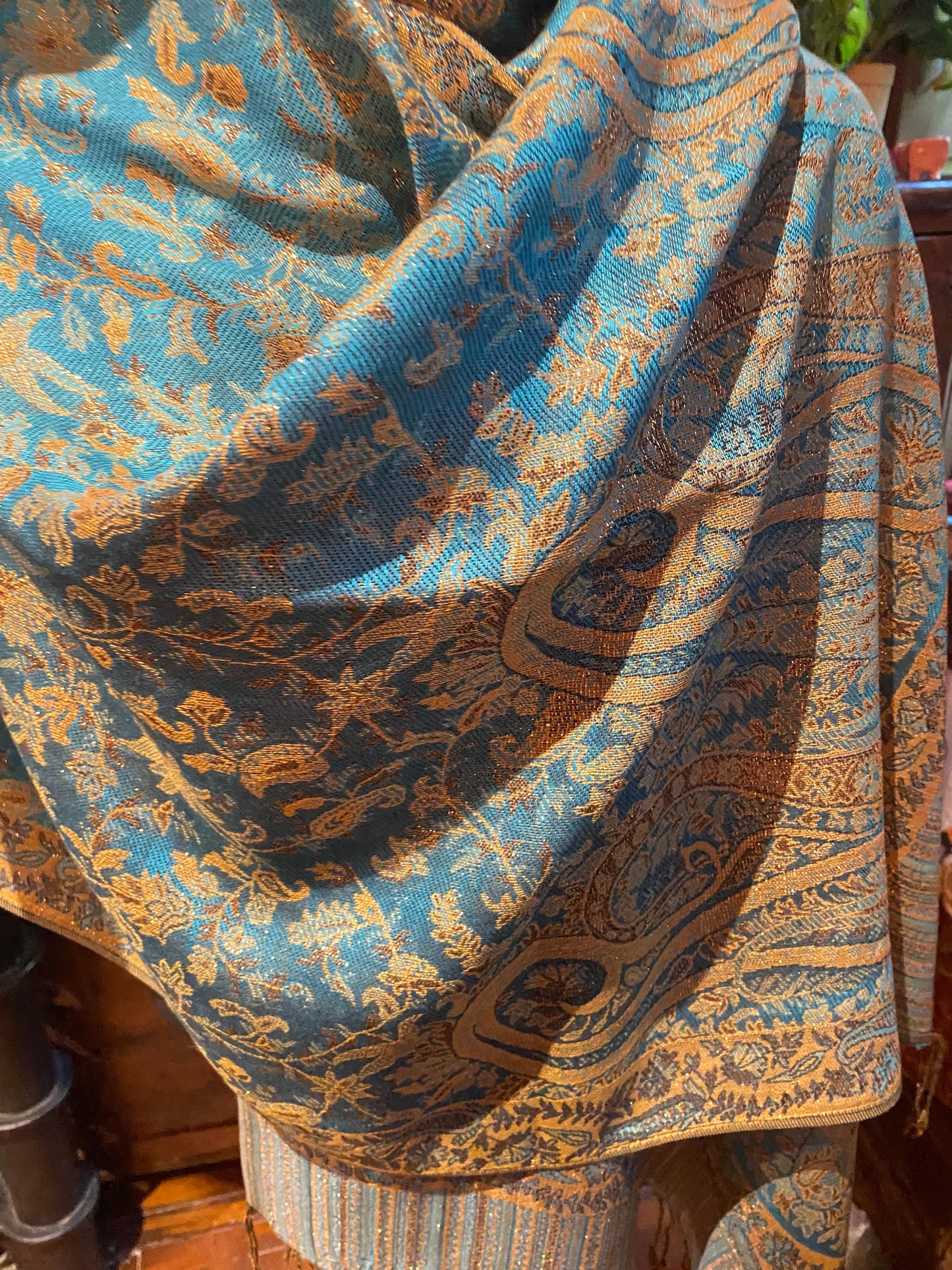 Vintage Blue Gold Paisley Brocade Pashmina Scarf Wrap Shawl