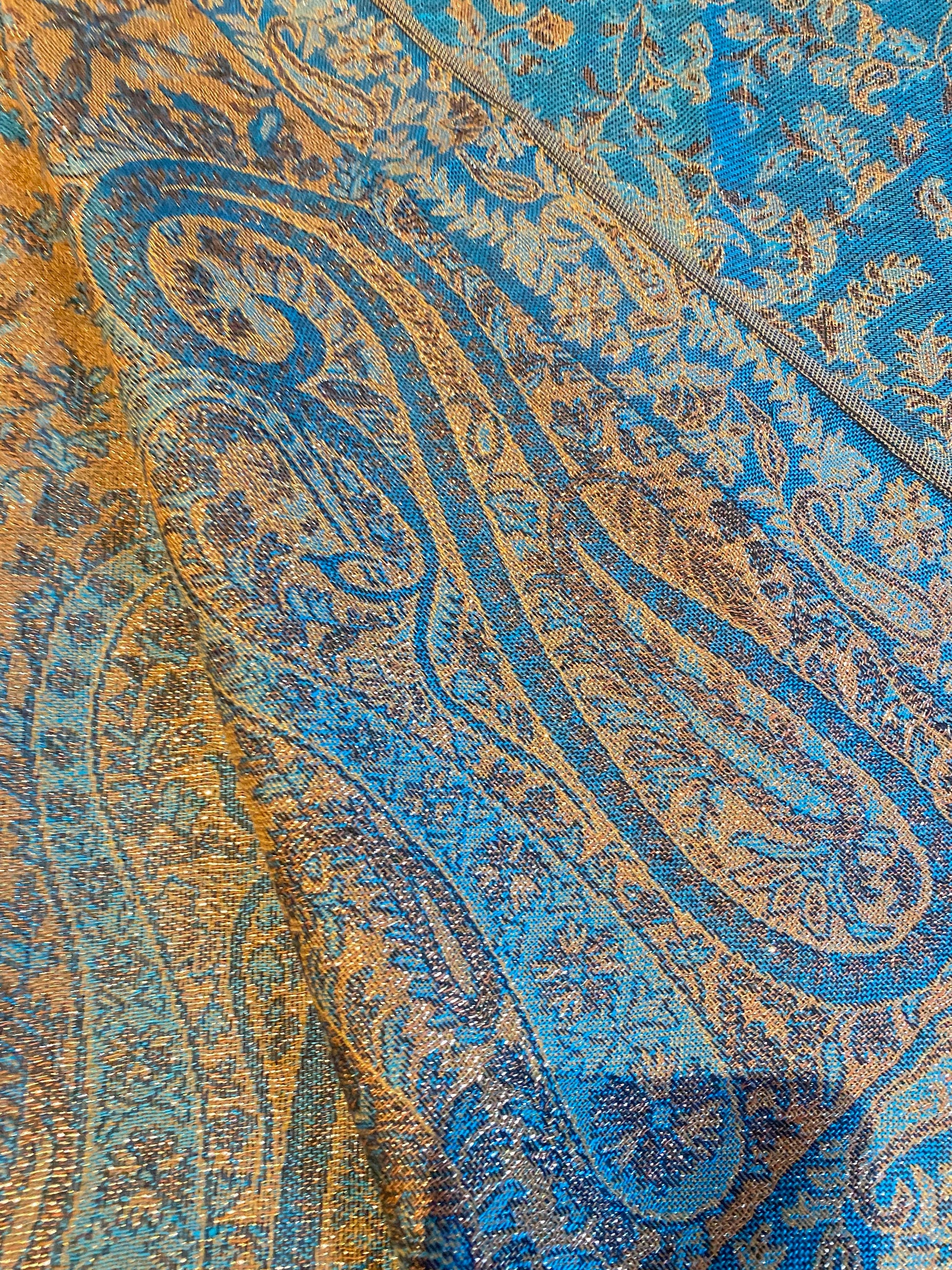 Vintage Blue Gold Paisley Brocade Pashmina Scarf Wrap Shawl