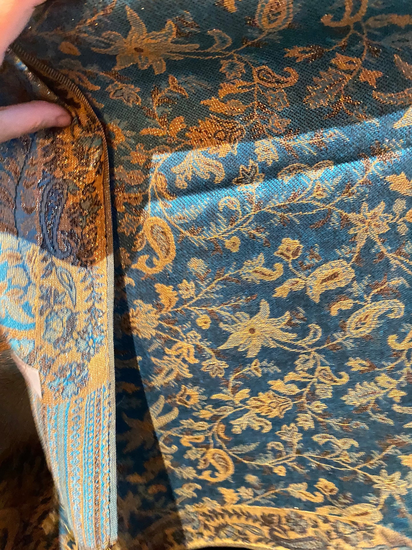 Vintage Blue Gold Paisley Brocade Pashmina Scarf Wrap Shawl