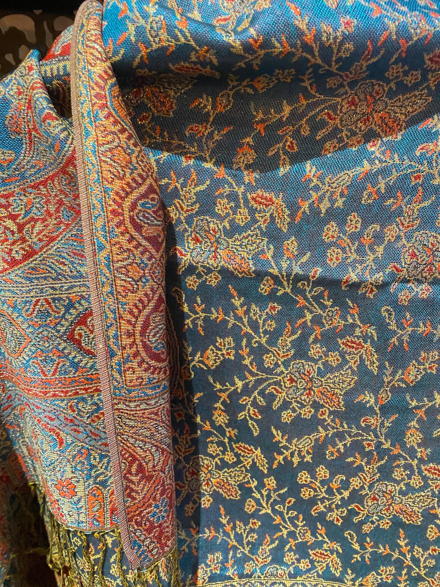 Vintage Blue Gold Paisley Brocade Pashmina Scarf Wrap Shawl