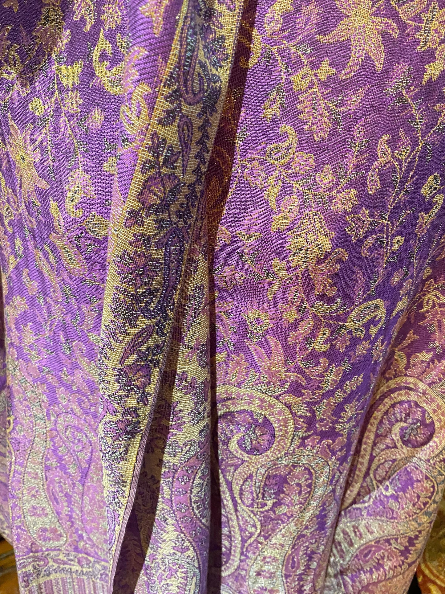 Vintage Purple Gold Paisley Brocade Pashmina Scarf Wrap Shawl