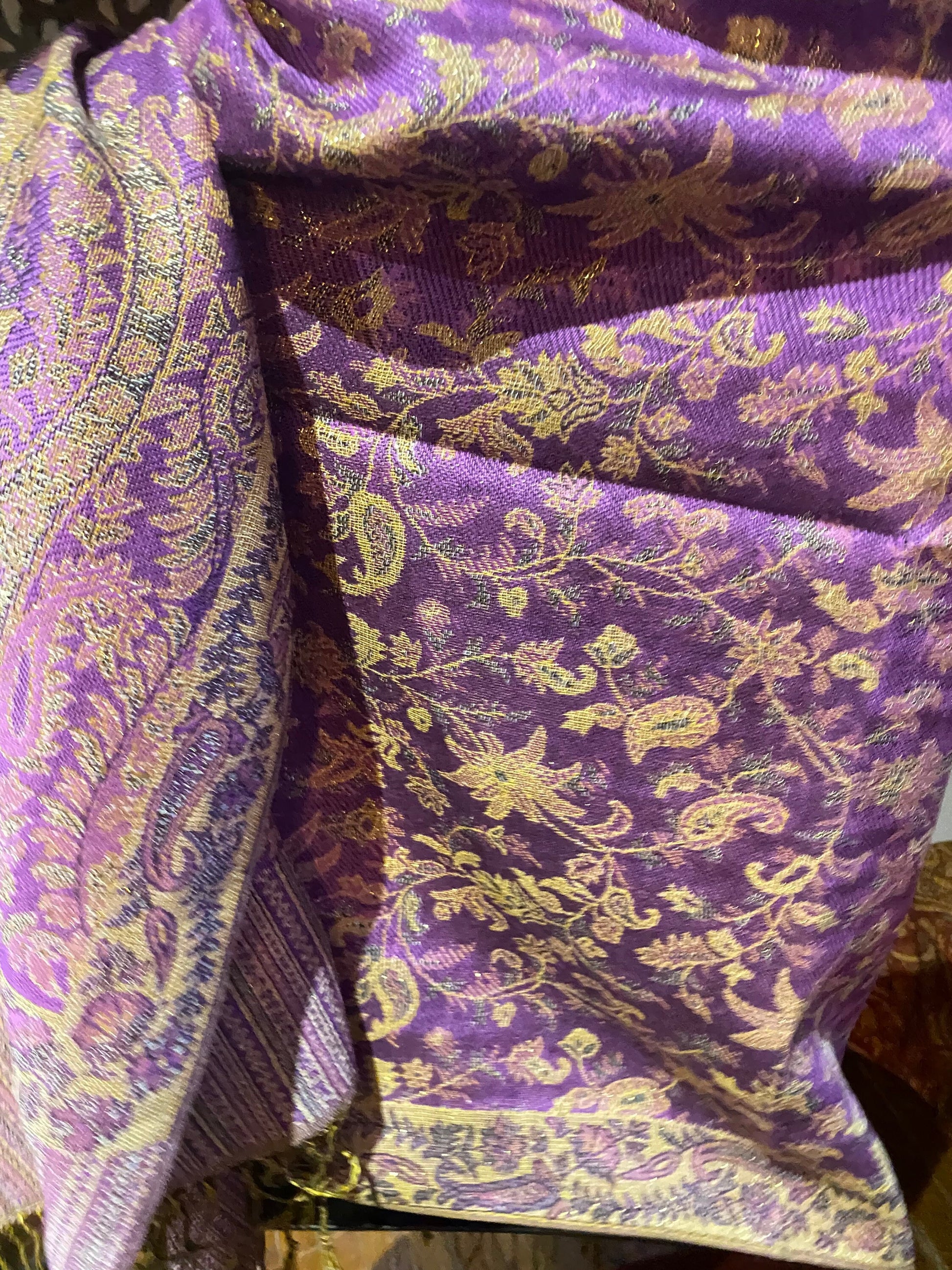 Vintage Purple Gold Paisley Brocade Pashmina Scarf Wrap Shawl