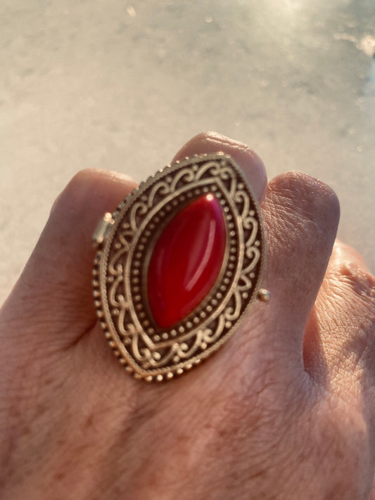 Vintage Red Coral Brass Poison Pillbox Ring