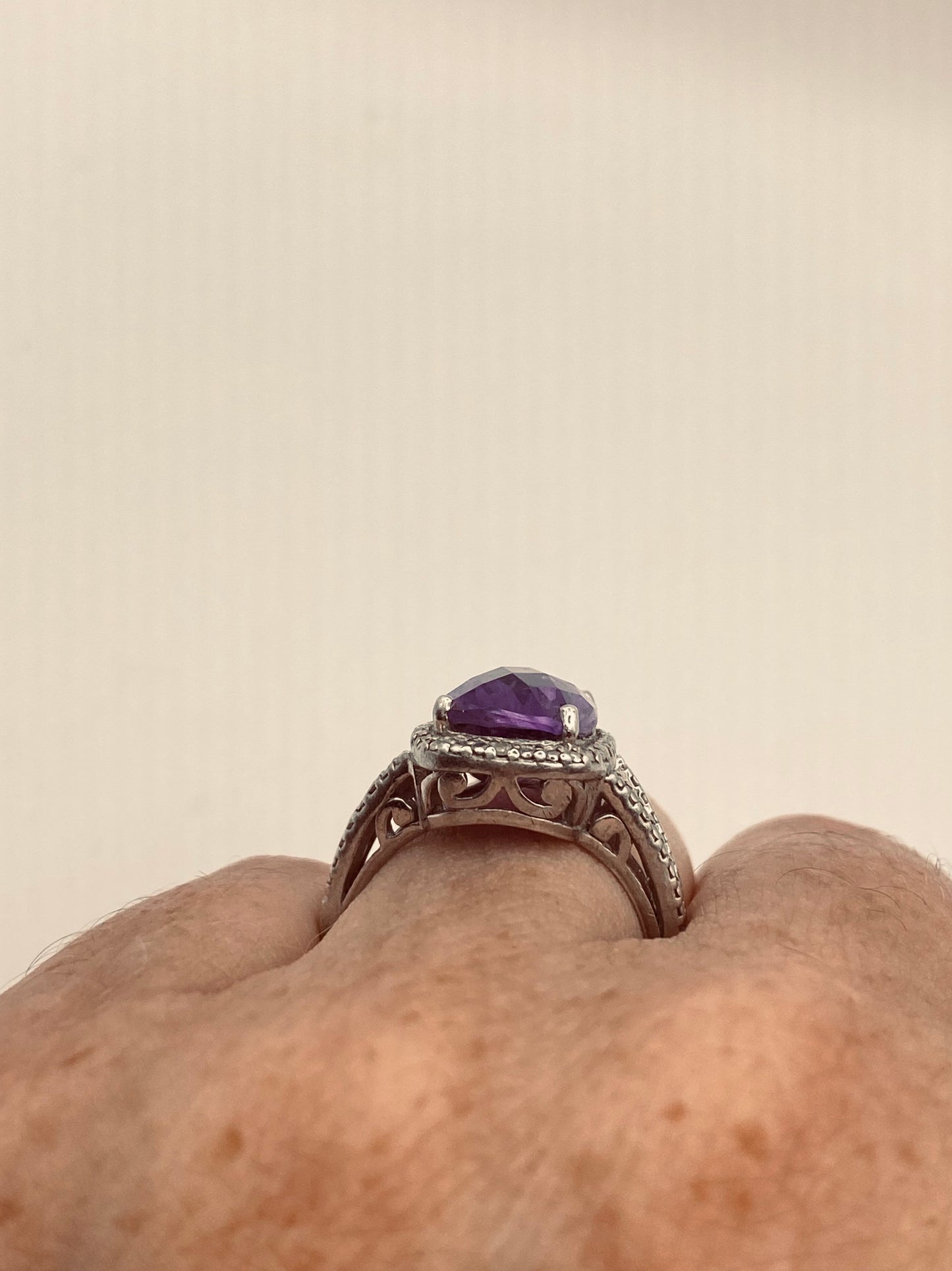 Vintage Handmade Genuine Purple Amethyst Filigree Setting 925 Sterling Silver Gothic Ring