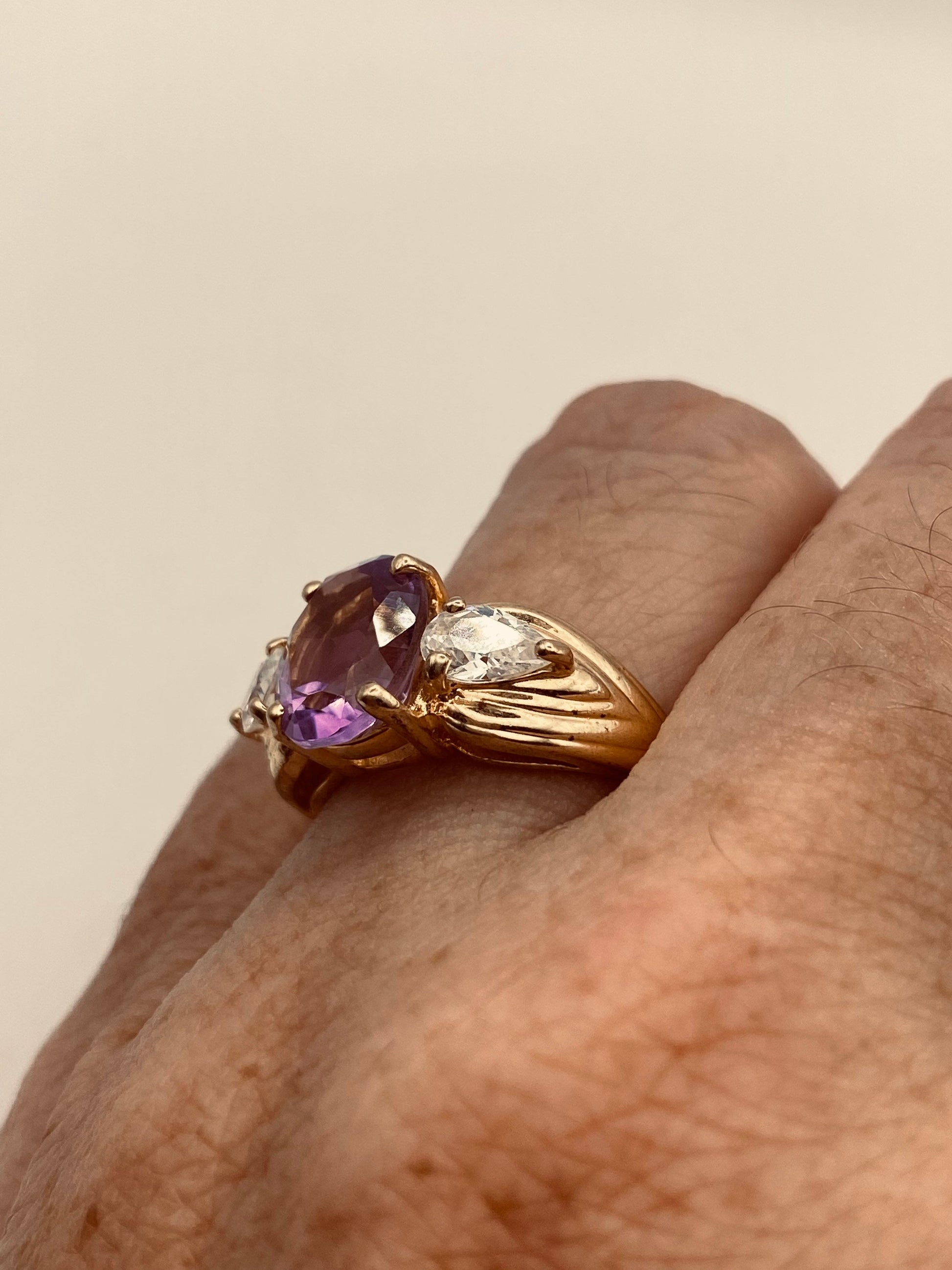Vintage Purple Amethyst Golden 925 Sterling Silver Gothic Ring