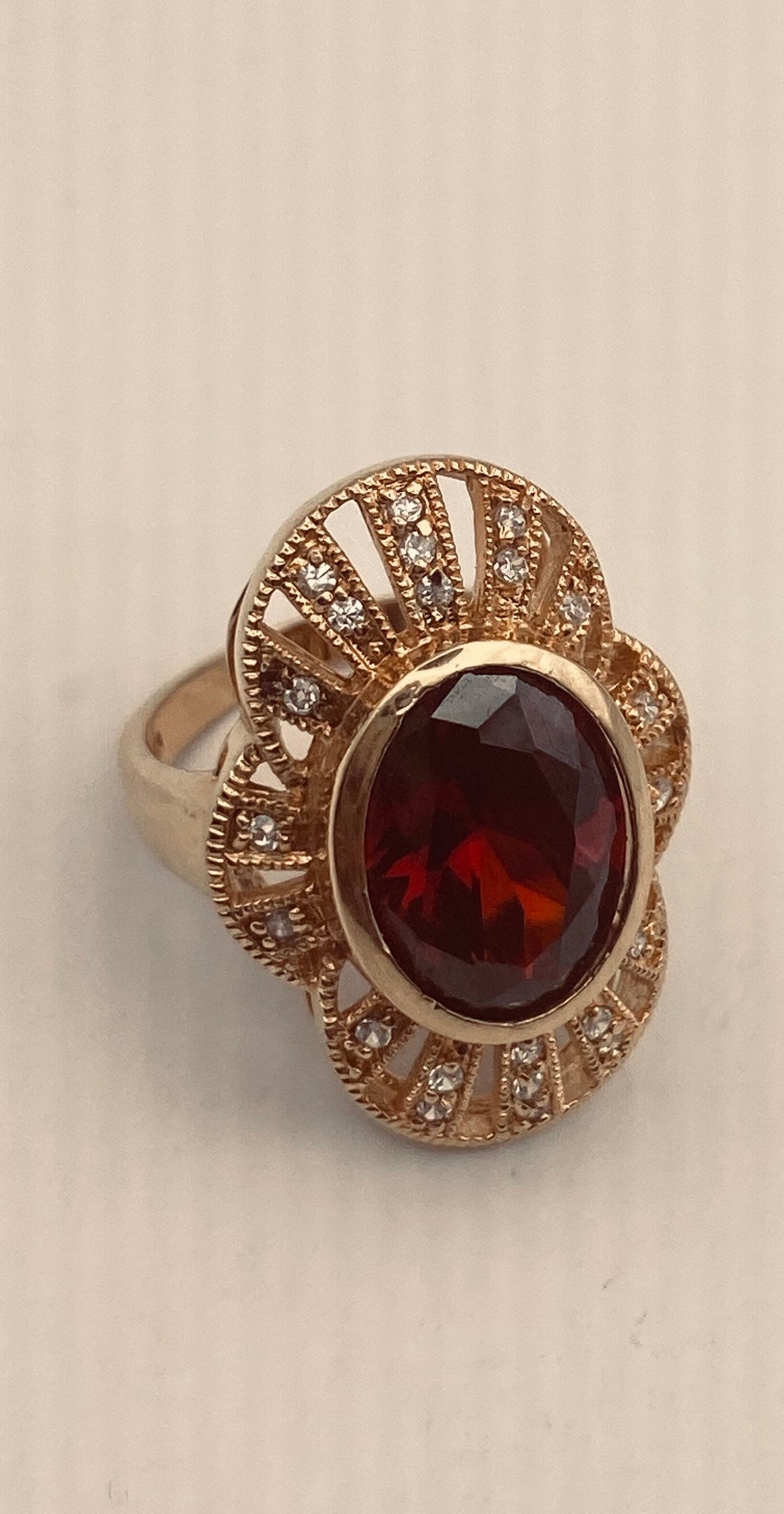 Vintage Red Bohemian Garnet Ring Golden 925 Sterling Silver Size 6