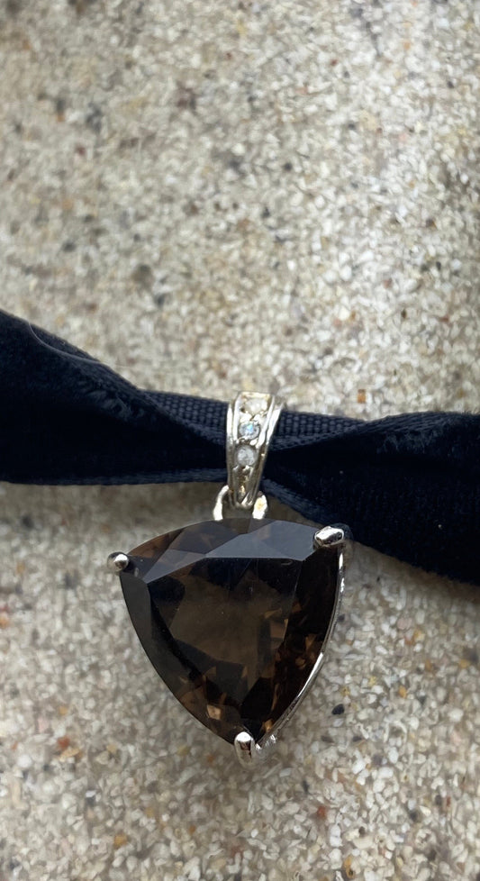 Vintage Smoky Topaz Diamond Choker 925 Sterling Silver Pendant Necklace
