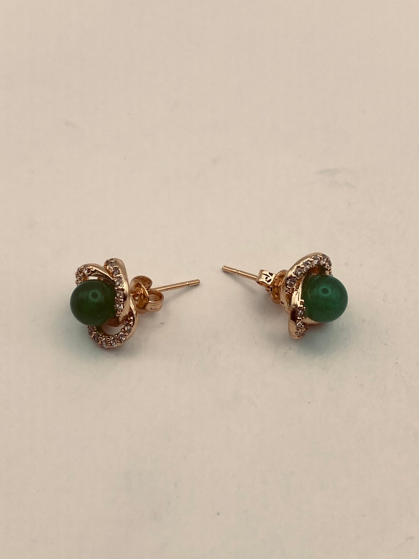 Vintage Fun Green Jade Bronze Stud Earrings